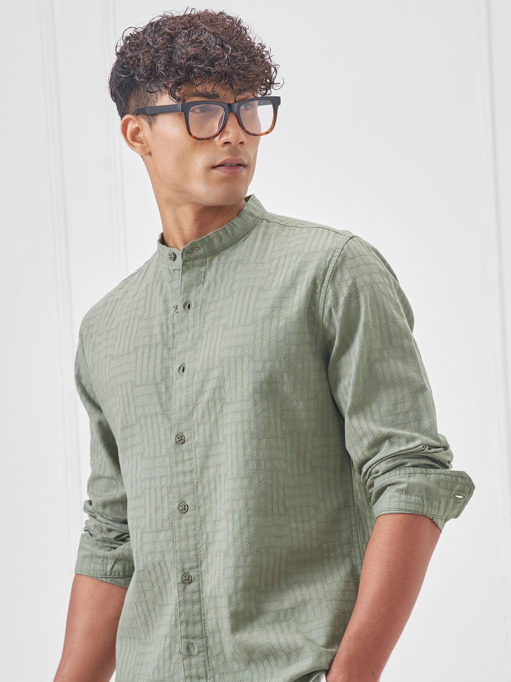 Highlander Men Green Self Design Slim Fit Casual Shirt - Green - Image 1