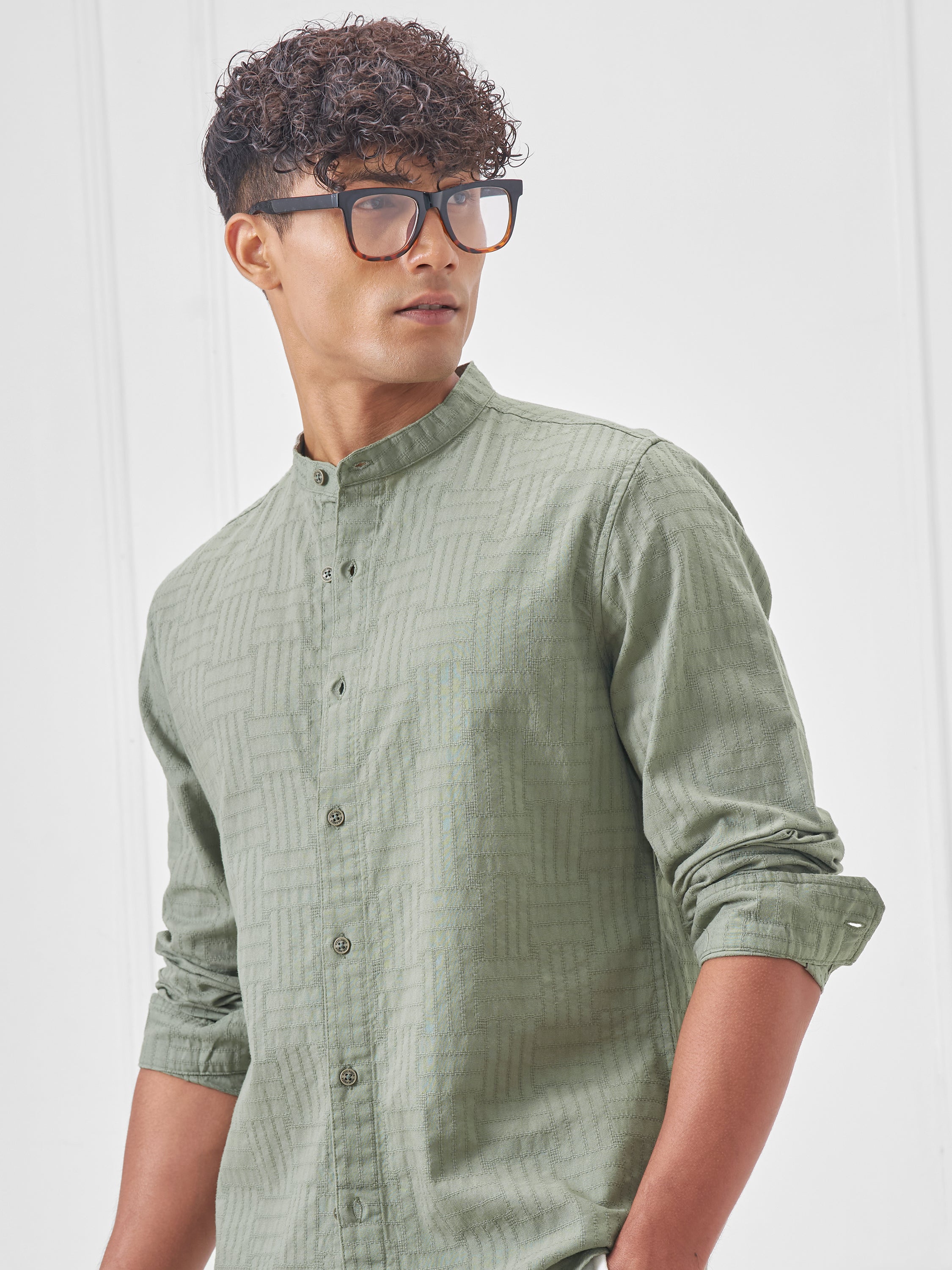 Highlander Men Green Self Design Slim Fit Casual Shirt - Green - Image 1