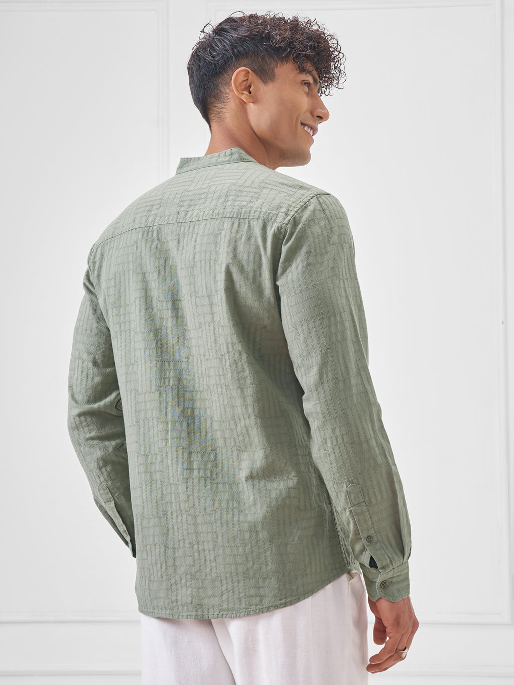 Highlander Men Green Self Design Slim Fit Casual Shirt - Green - Image 3