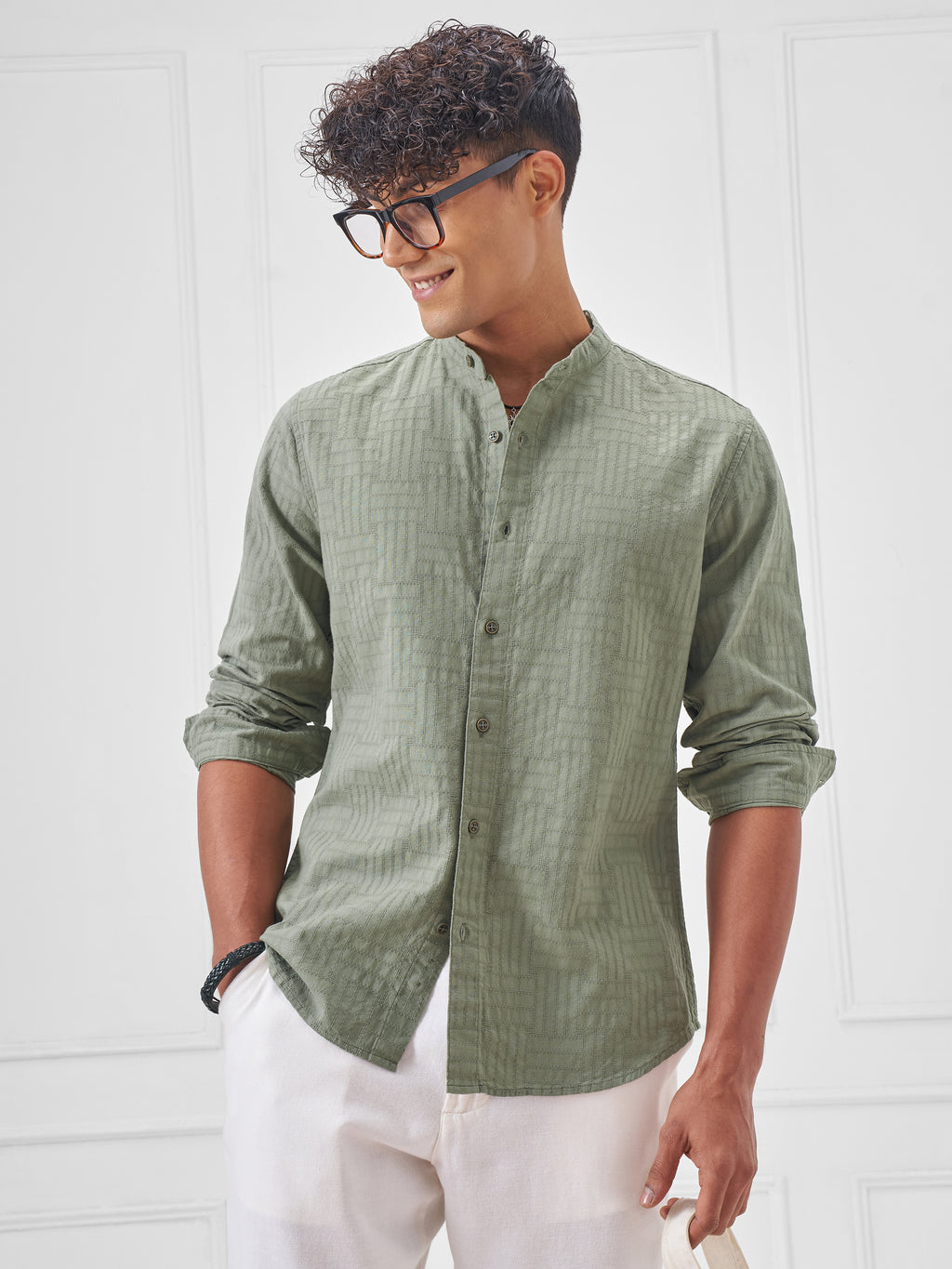 Highlander Men Green Self Design Slim Fit Casual Shirt - Green - Image 4