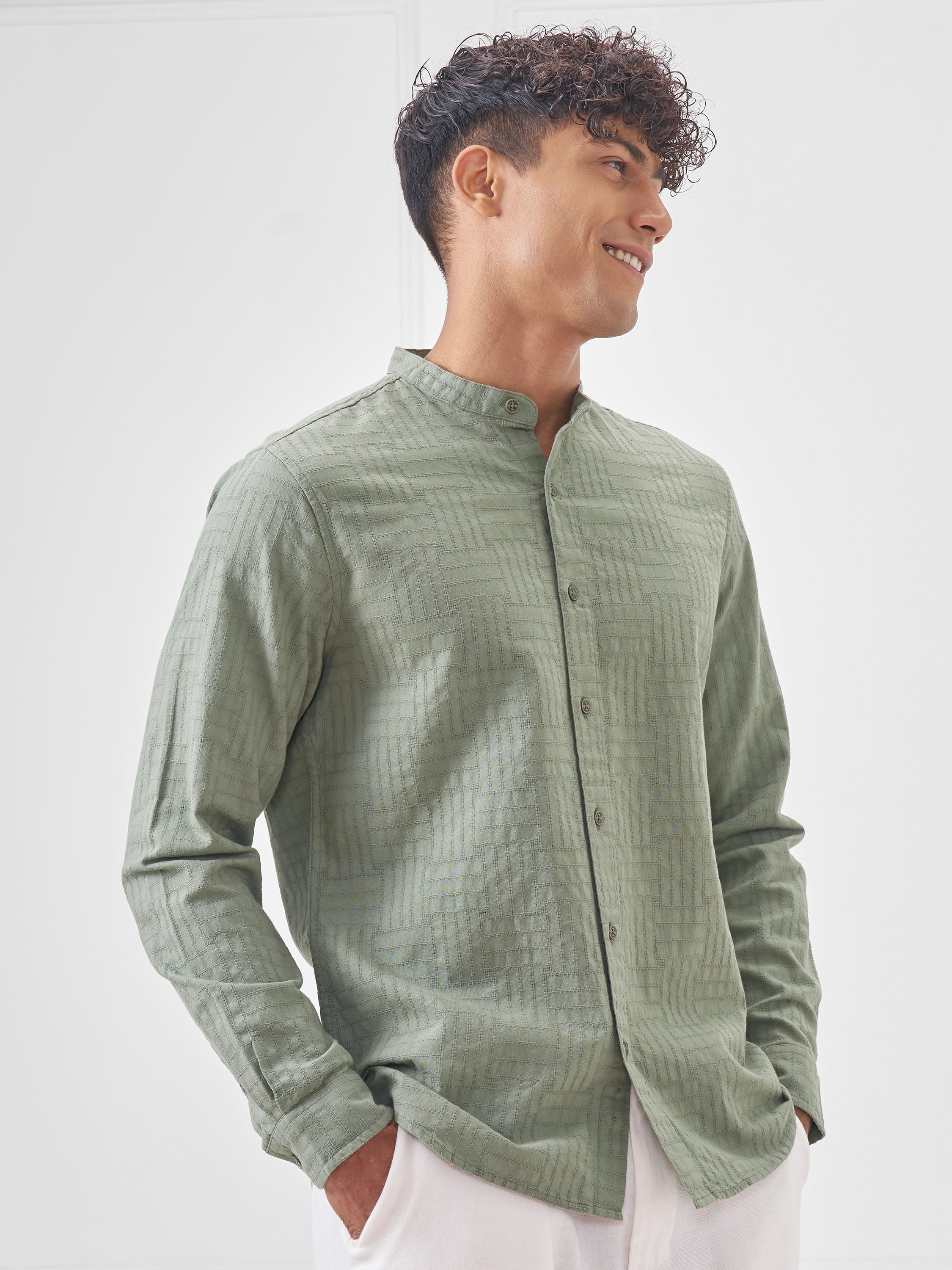 Highlander Men Green Self Design Slim Fit Casual Shirt - Green - Image 6