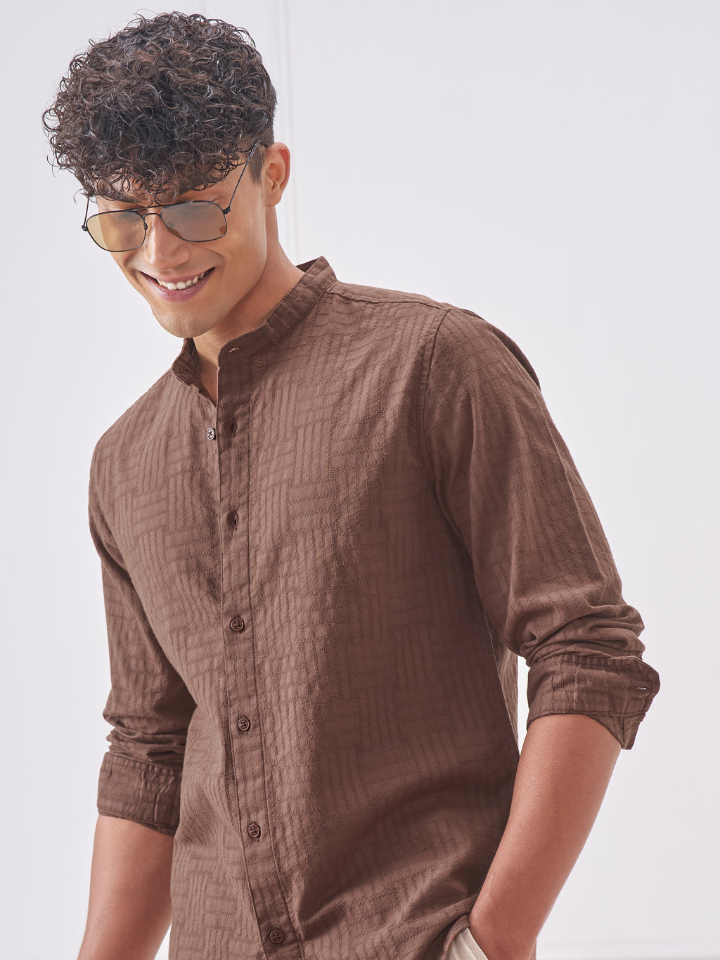 Highlander Men Brown Self Design Slim Fit Casual Shirt - Brown - Image 1