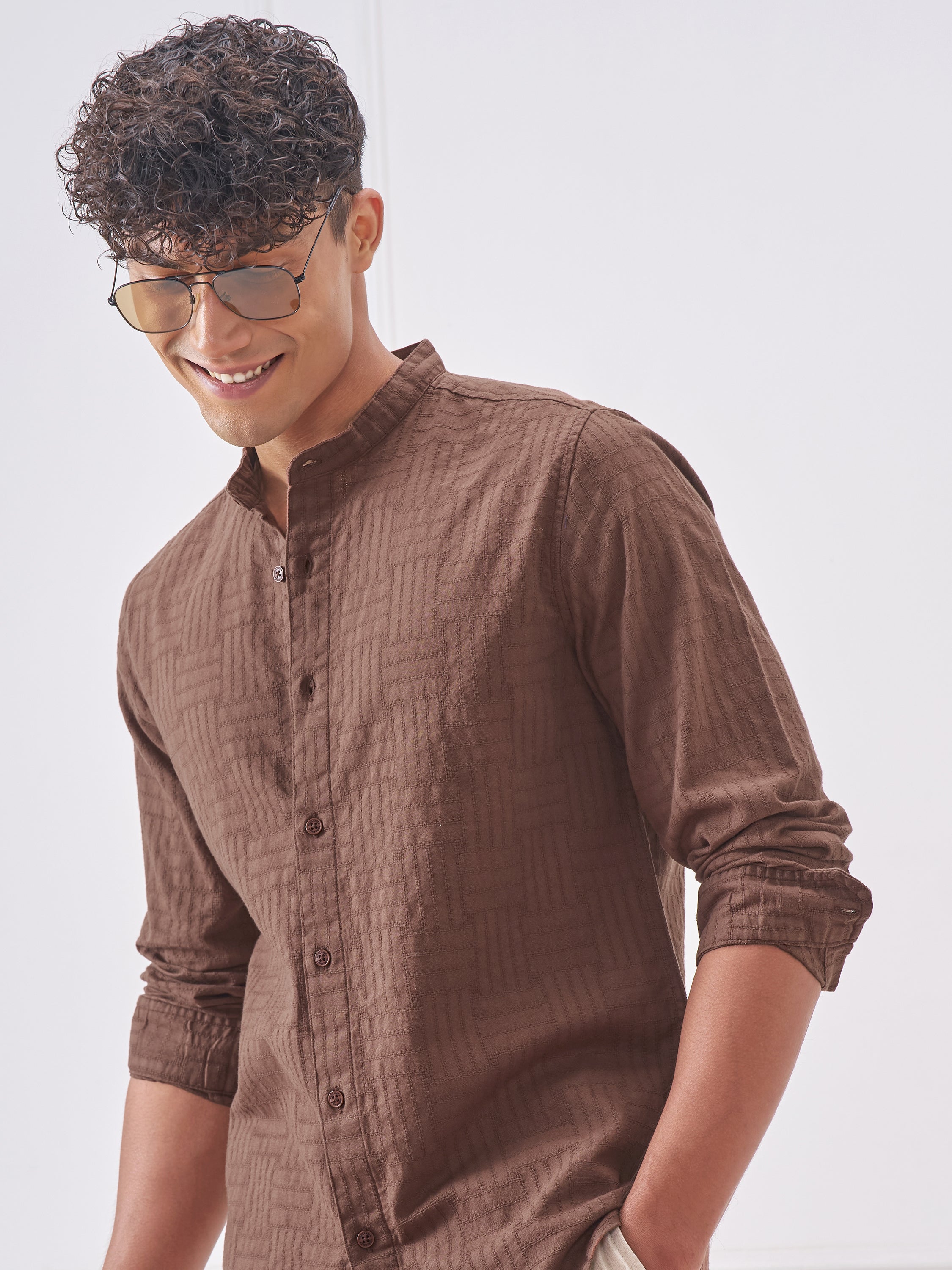 Highlander Men Brown Self Design Slim Fit Casual Shirt - Brown - Image 1