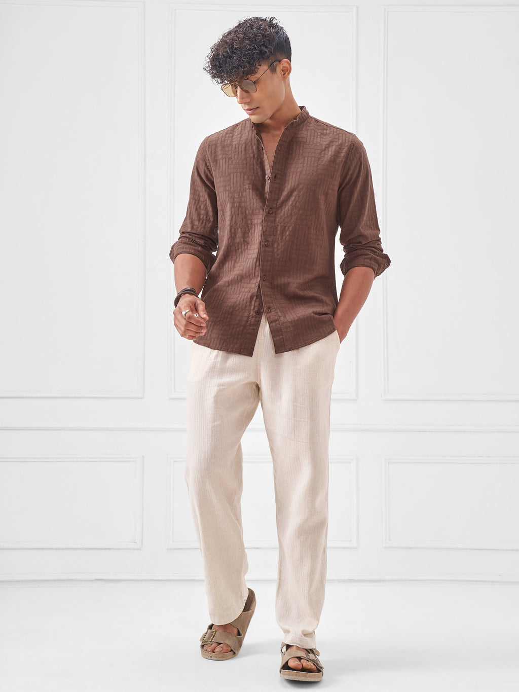 Highlander Men Brown Self Design Slim Fit Casual Shirt - Brown - Image 2