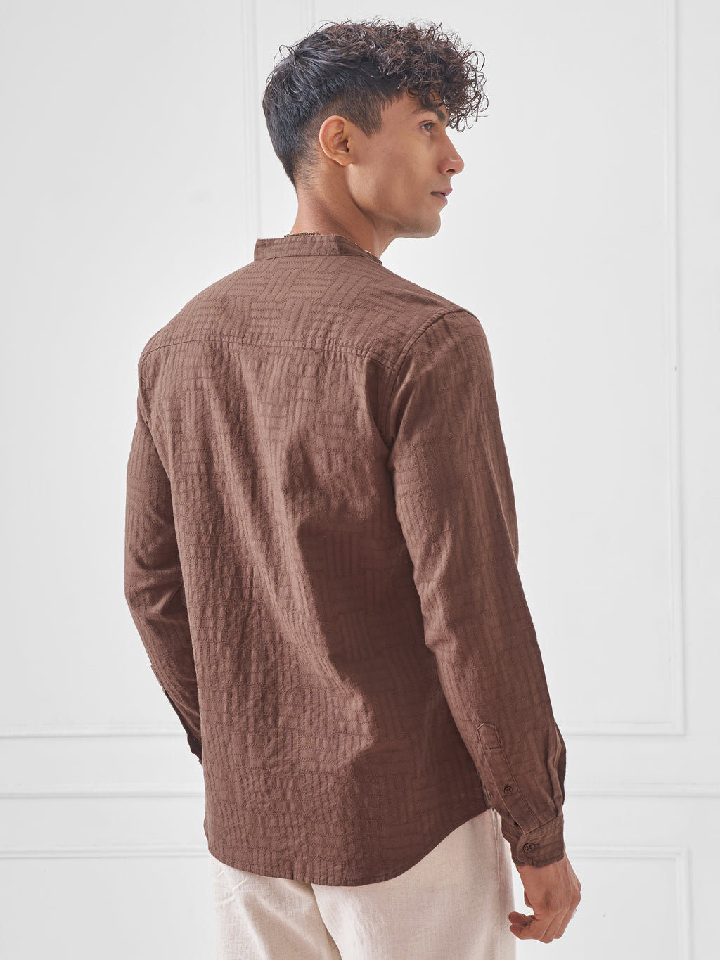 Highlander Men Brown Self Design Slim Fit Casual Shirt - Brown - Image 3