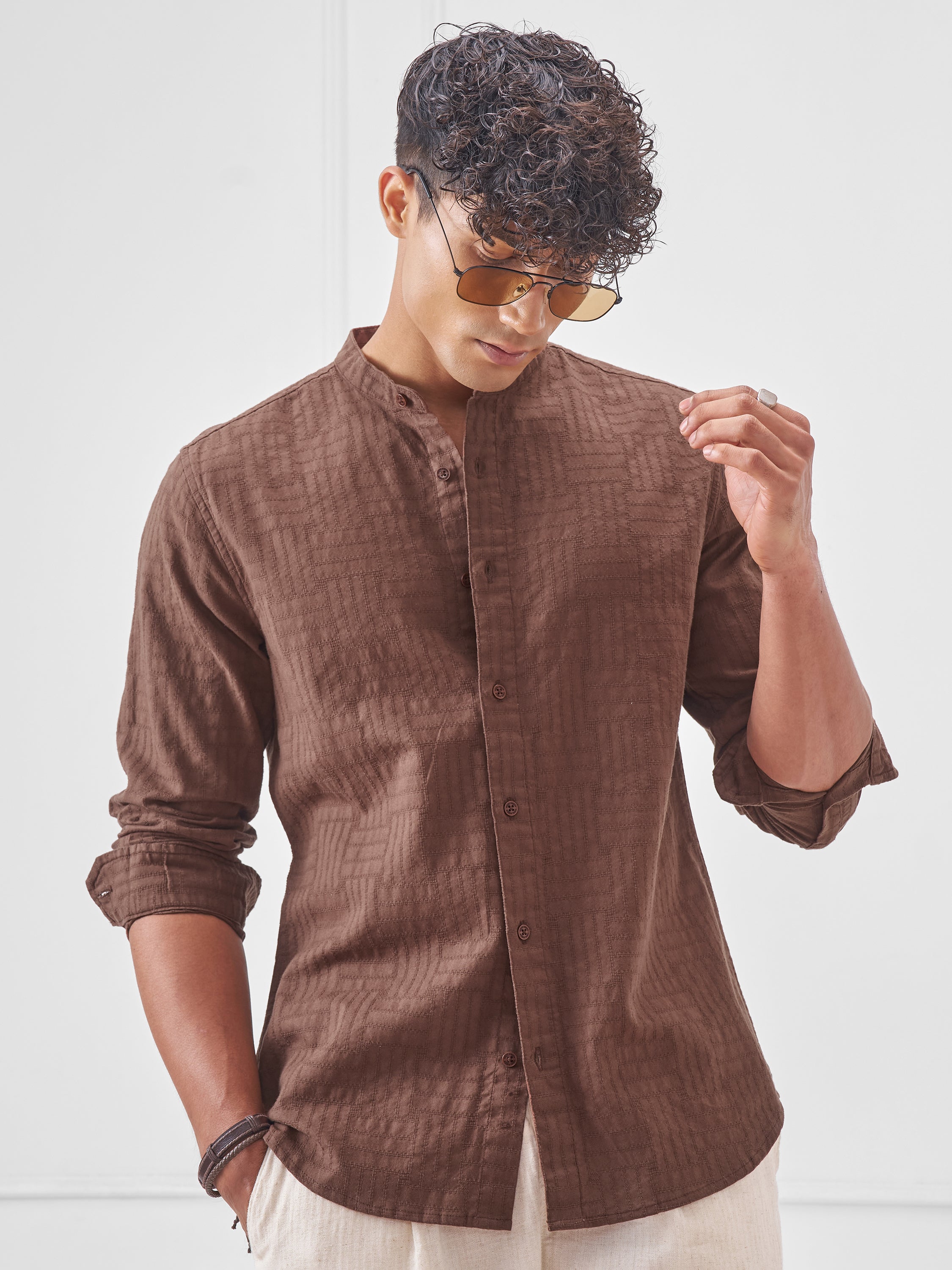 Highlander Men Brown Self Design Slim Fit Casual Shirt - Brown - Image 4