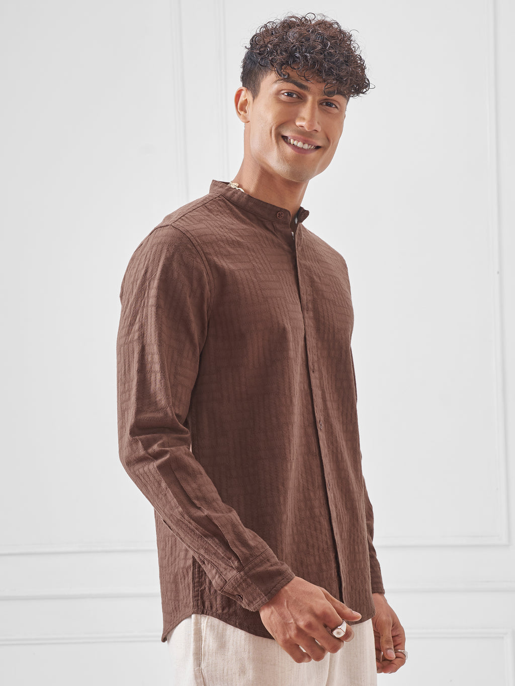 Highlander Men Brown Self Design Slim Fit Casual Shirt - Brown - Image 6