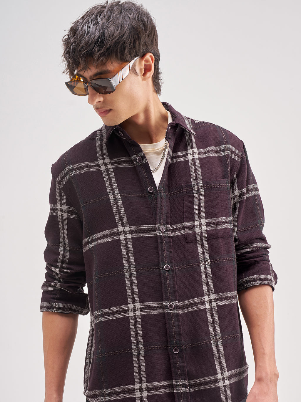 Highlander Men Maroon Checked Relaxed Fit Casual Shirt - Maroon - Image 1