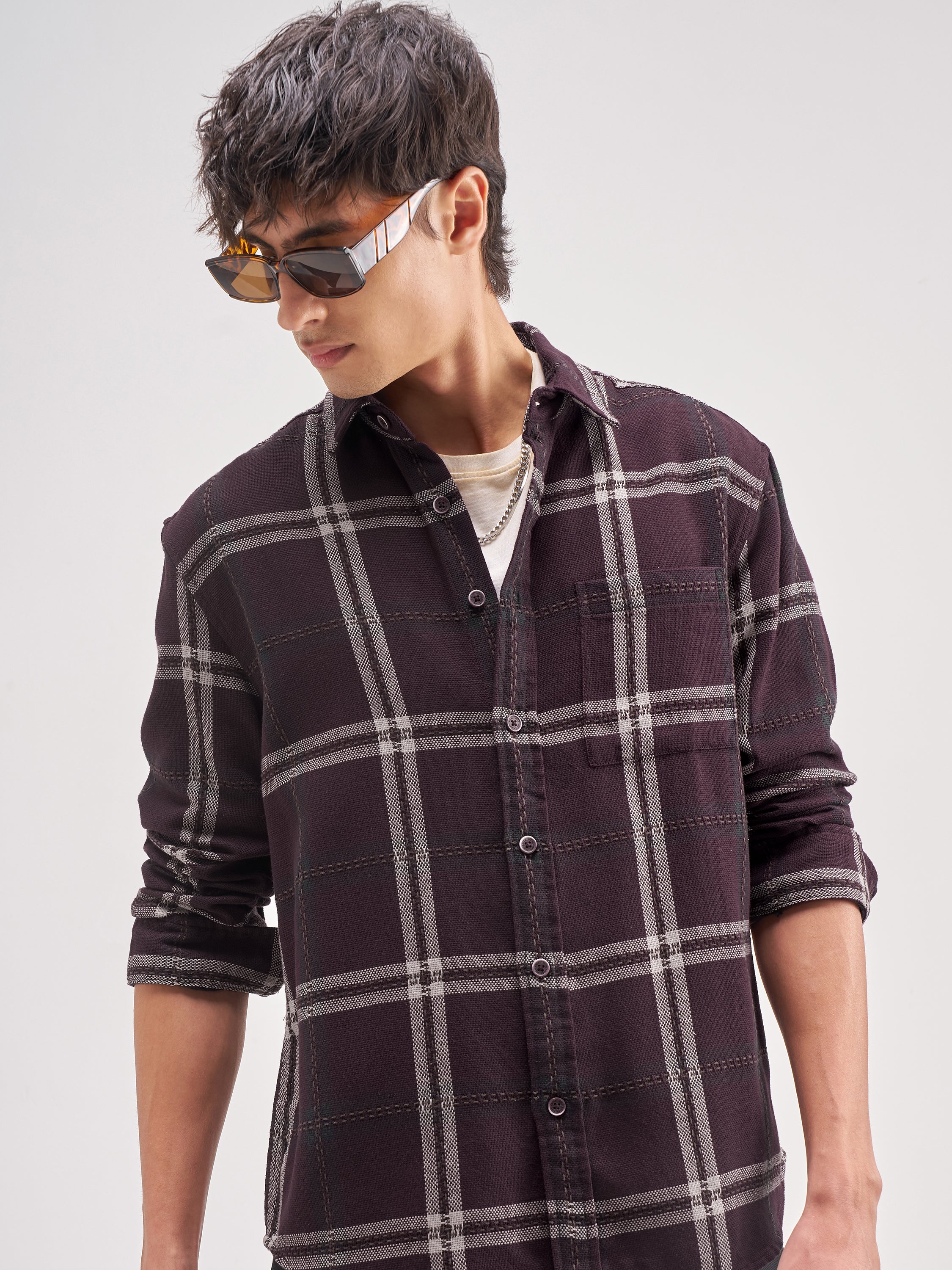 Highlander Men Maroon Checked Relaxed Fit Casual Shirt - Maroon - Image 1