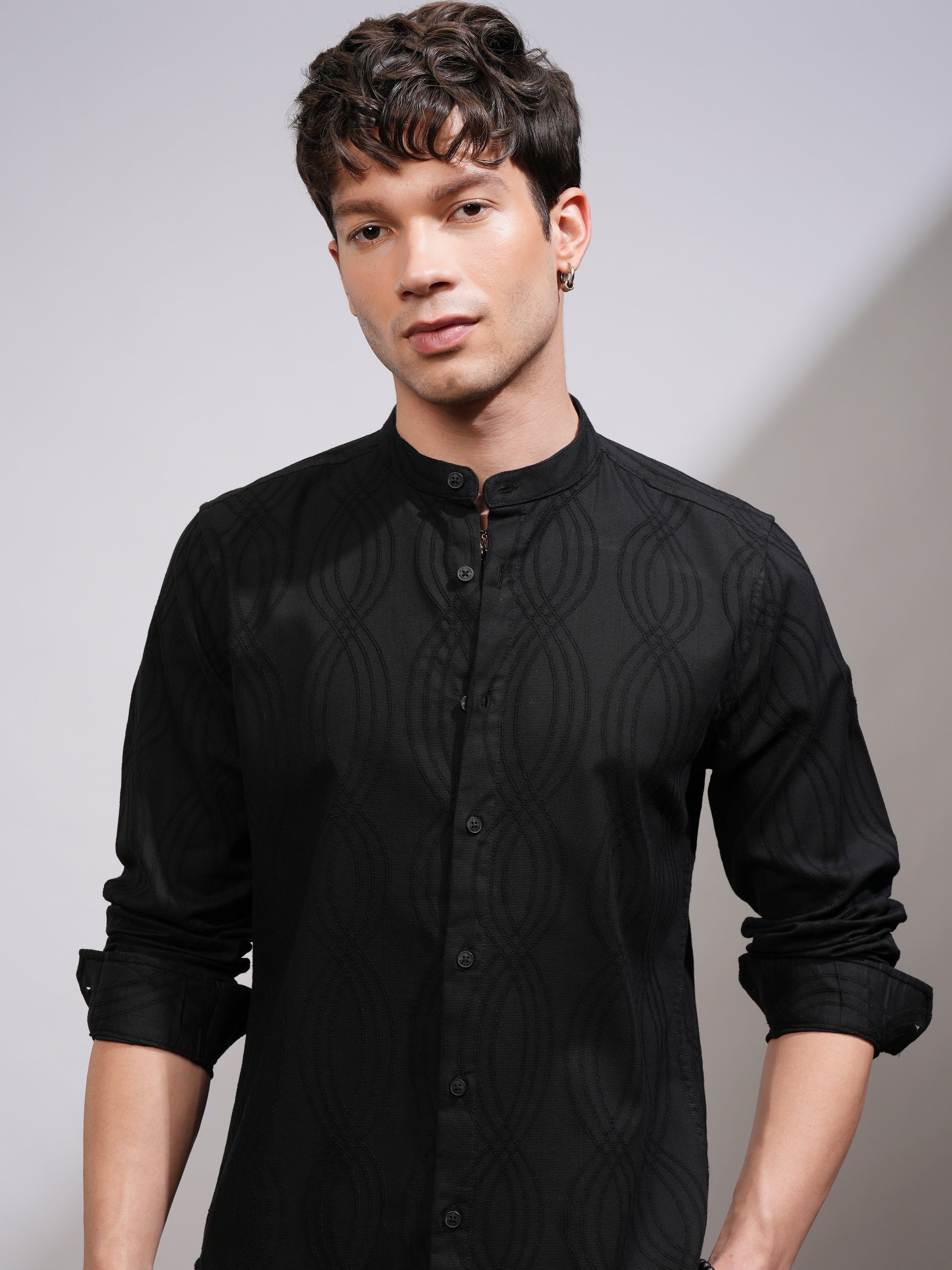 Highlander Men Black Self Design Slim Fit Casual Shirt - Black - Image 1