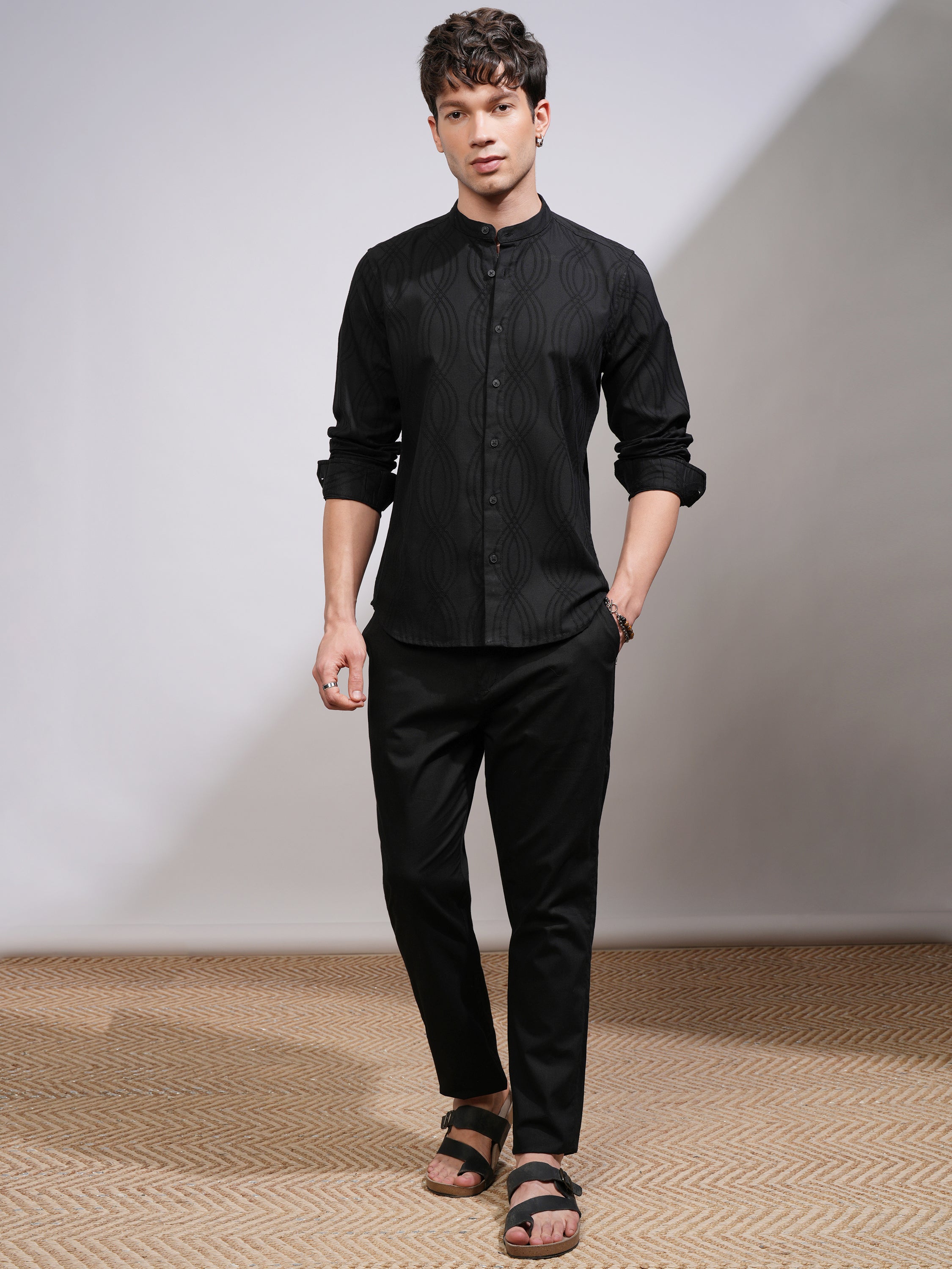Highlander Men Black Self Design Slim Fit Casual Shirt - Black - Image 2