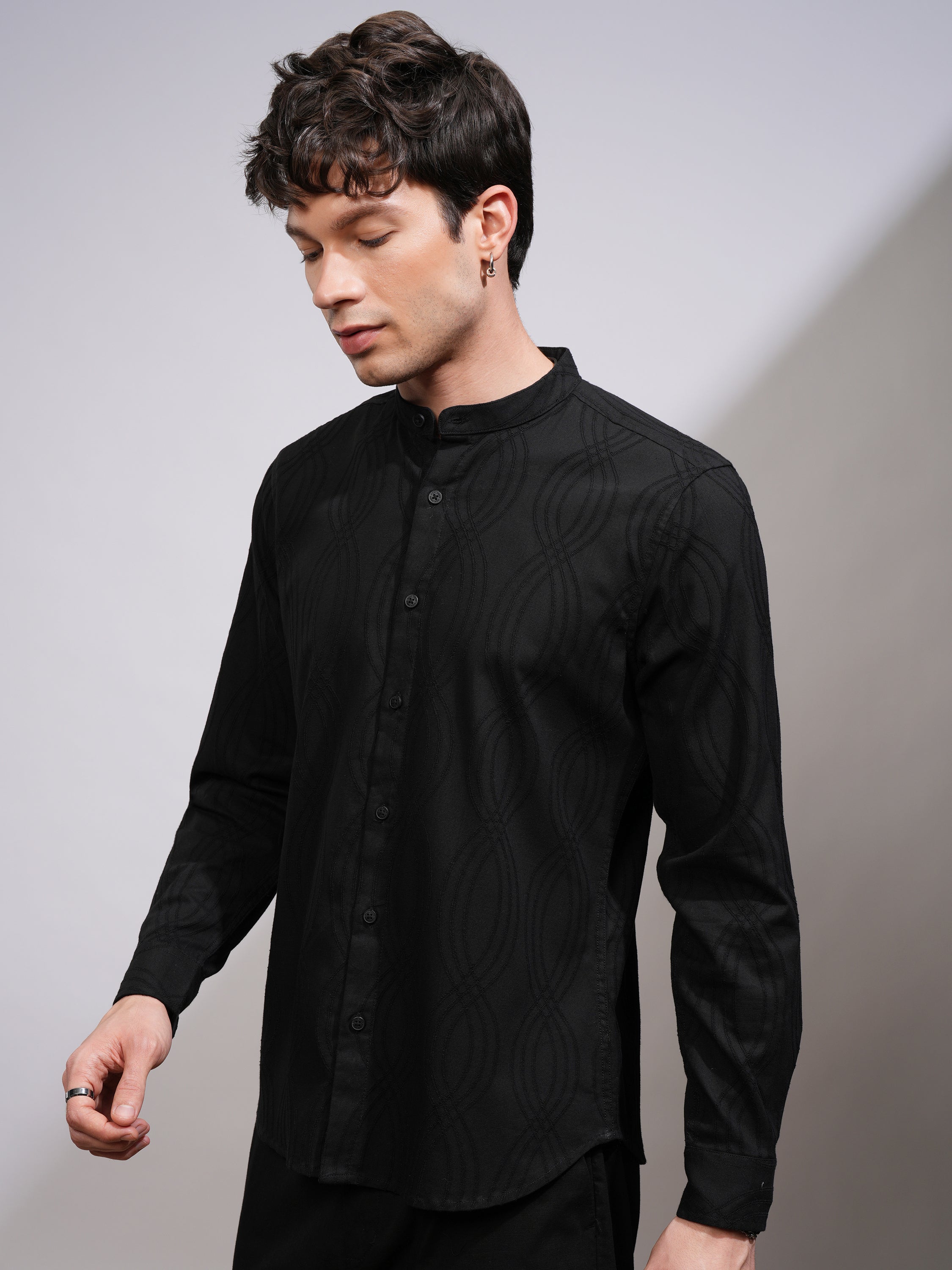 Highlander Men Black Self Design Slim Fit Casual Shirt - Black - Image 4