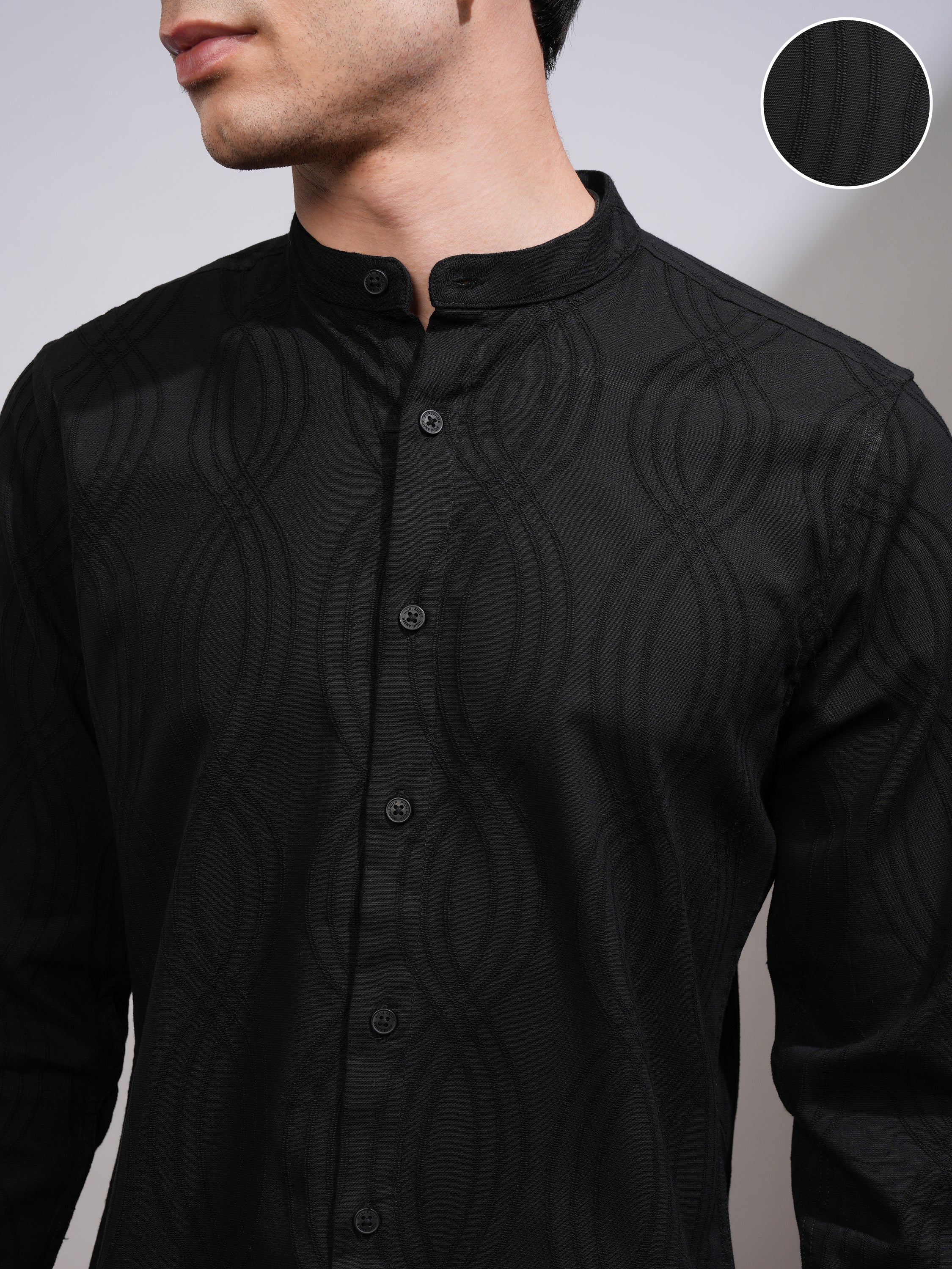 Highlander Men Black Self Design Slim Fit Casual Shirt - Black - Image 5