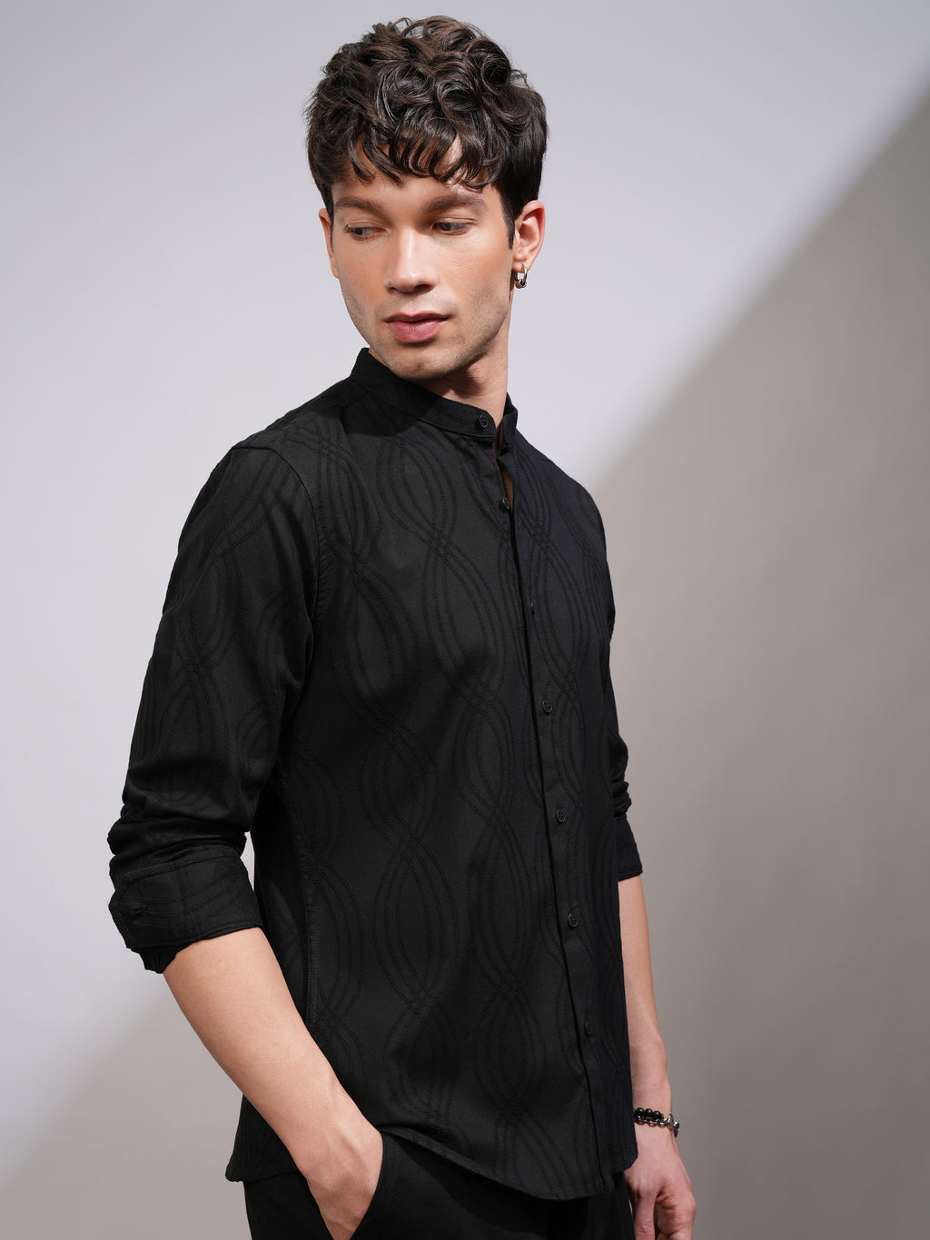 Highlander Men Black Self Design Slim Fit Casual Shirt - Black - Image 6