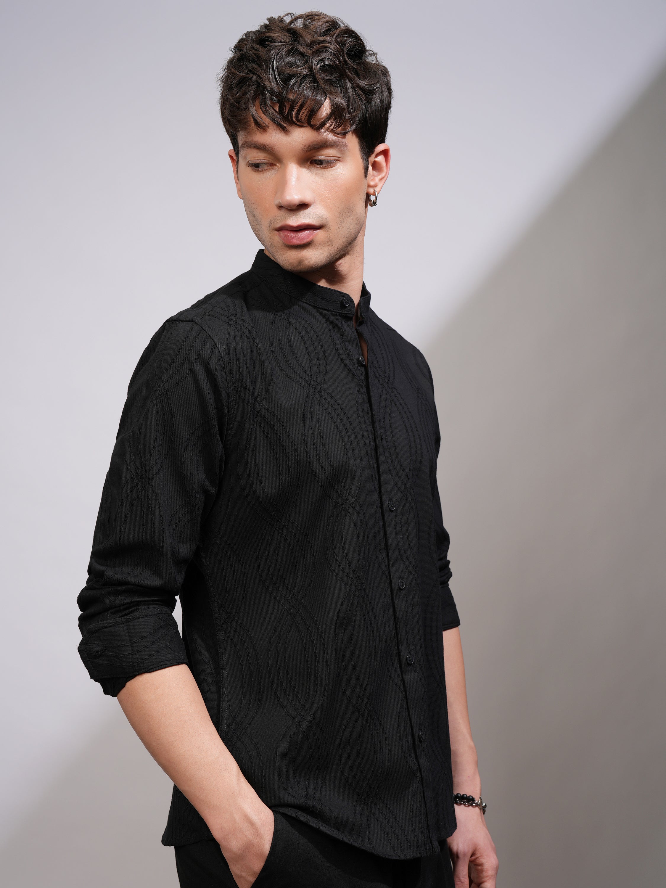 Highlander Men Black Self Design Slim Fit Casual Shirt - Black - Image 6