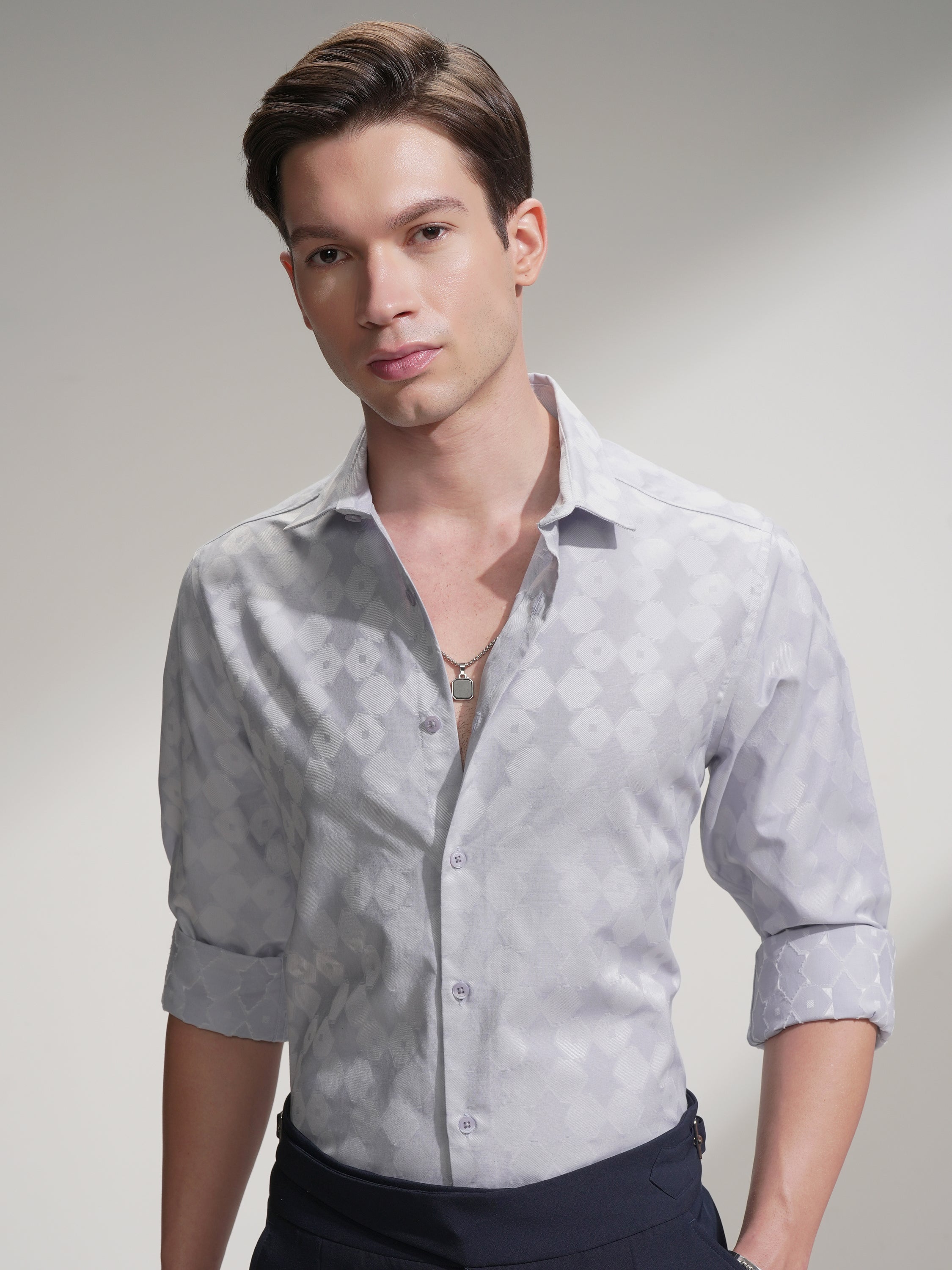 Highlander Men Grey Self Design Slim Fit Casual Shirt - Grey - Image 1