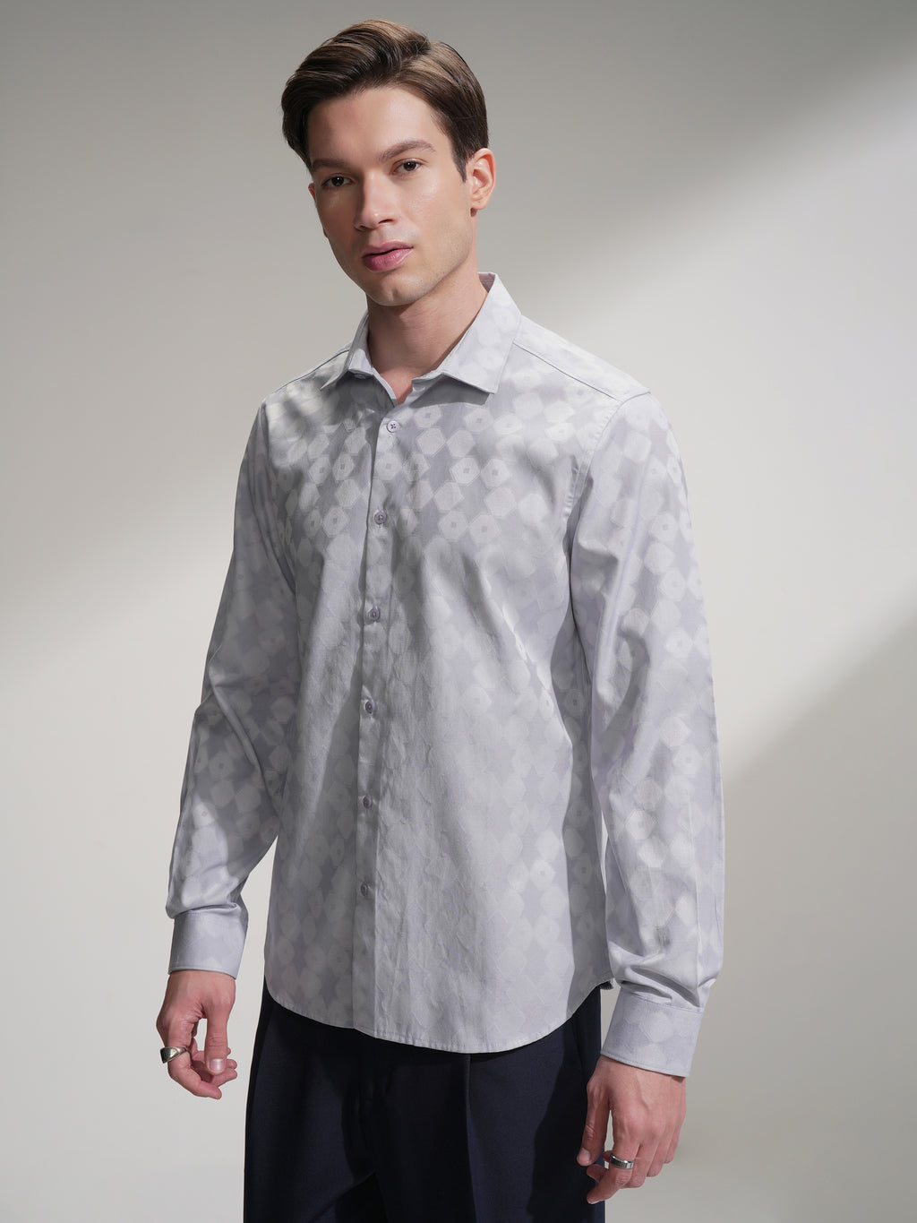 Highlander Men Grey Self Design Slim Fit Casual Shirt - Grey - Image 4
