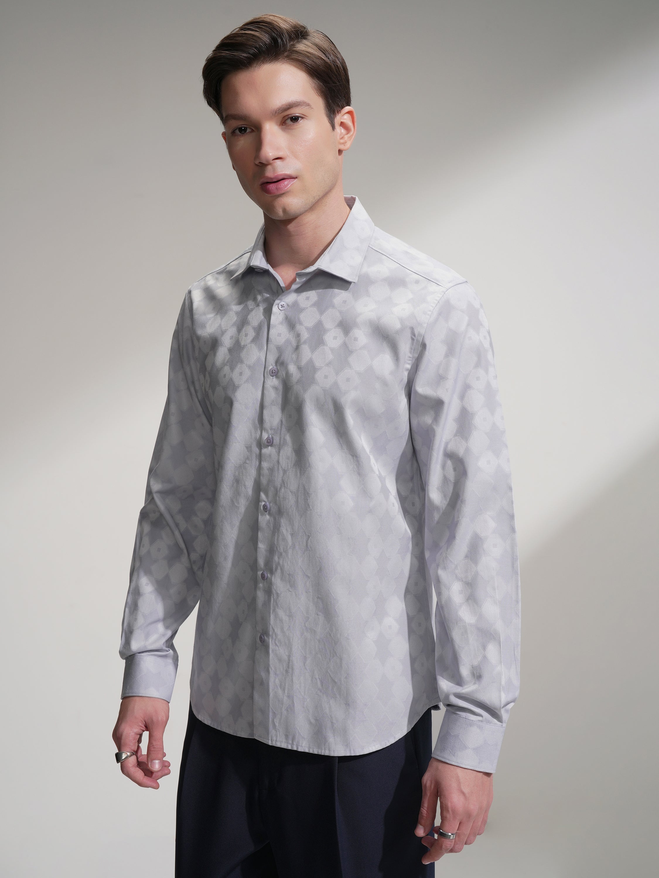 Highlander Men Grey Self Design Slim Fit Casual Shirt - Grey - Image 4
