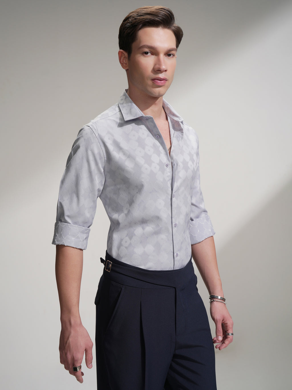 Highlander Men Grey Self Design Slim Fit Casual Shirt - Grey - Image 6