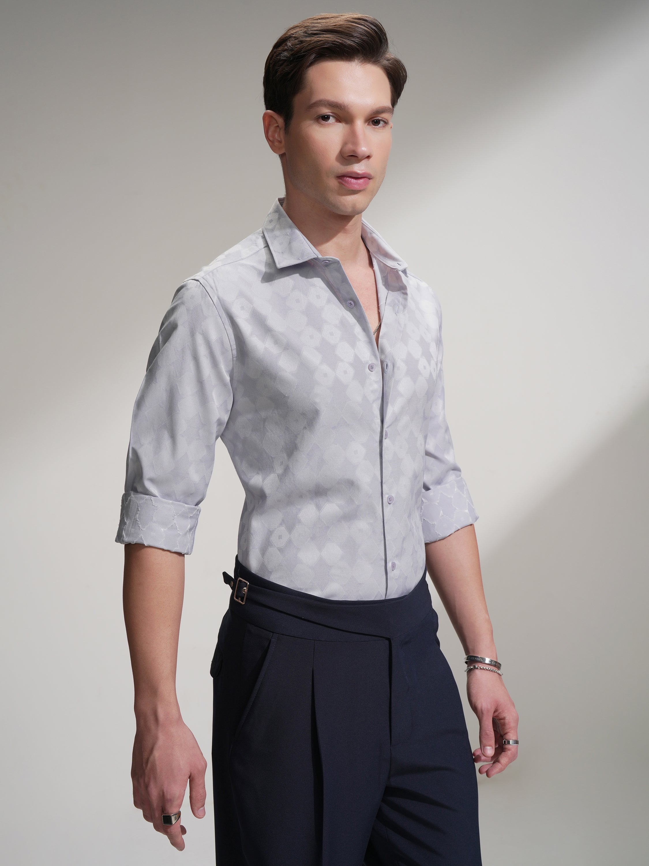 Highlander Men Grey Self Design Slim Fit Casual Shirt - Grey - Image 6