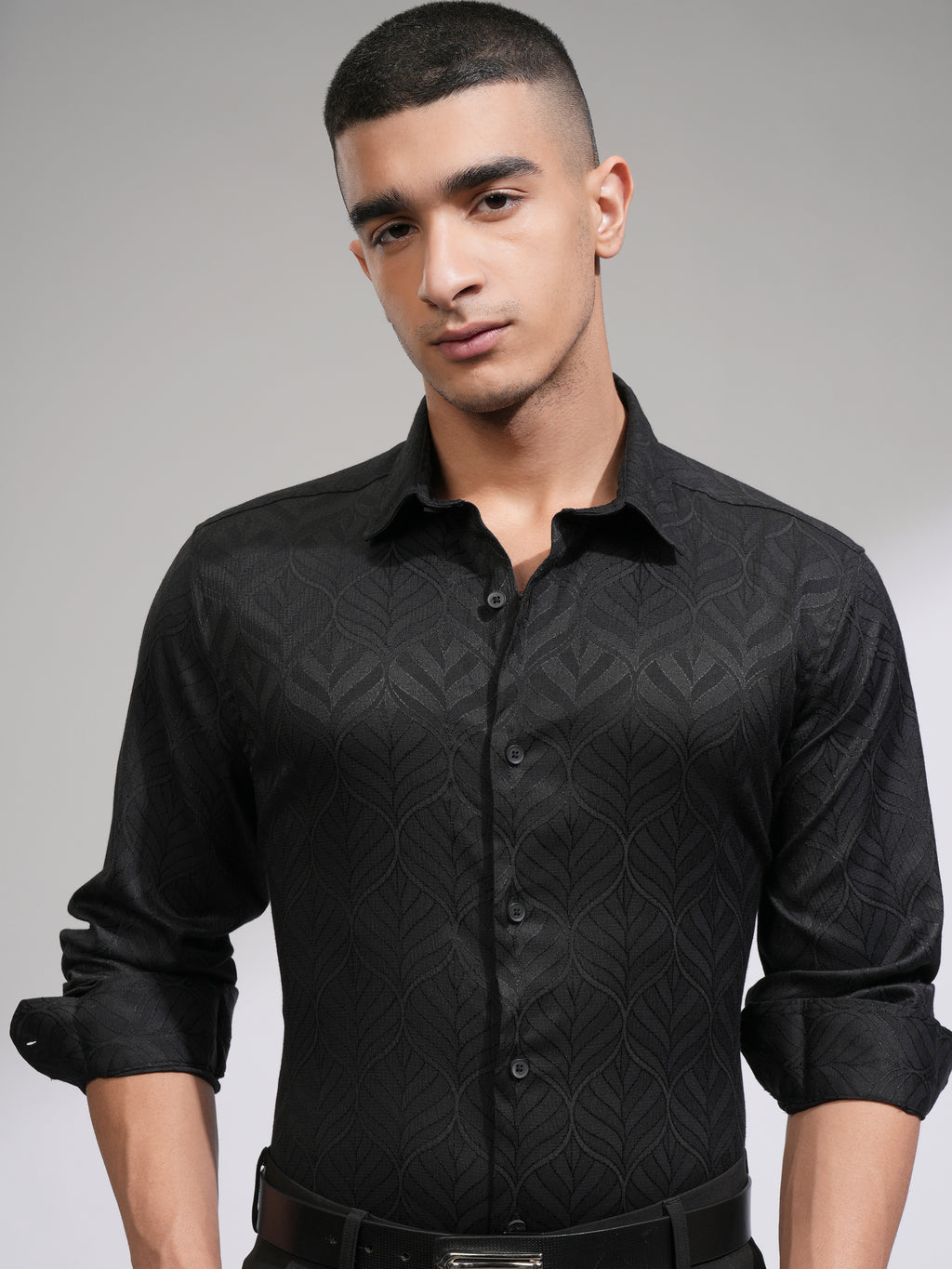 Highlander Men Black Self Design Slim Fit Casual Shirt - Black - Image 1
