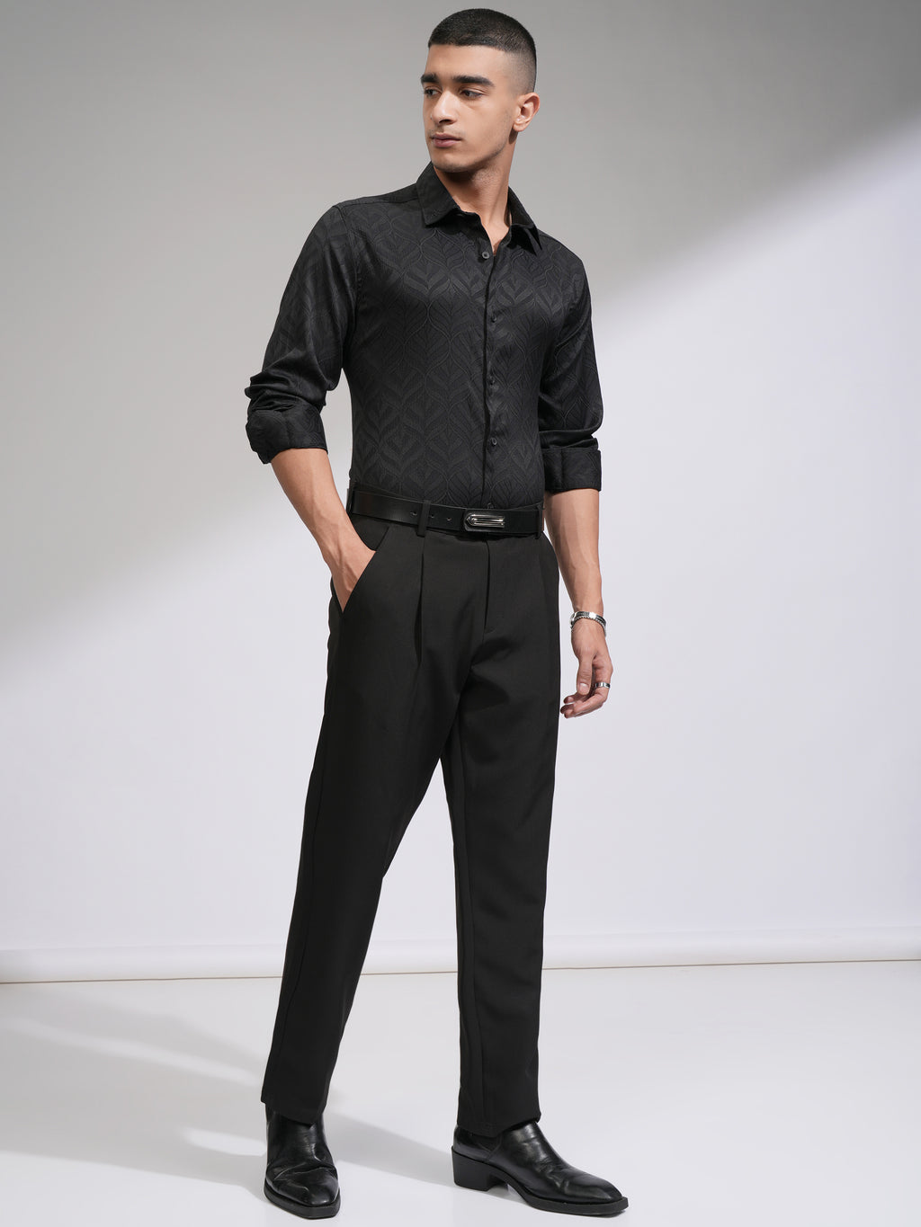 Highlander Men Black Self Design Slim Fit Casual Shirt - Black - Image 2