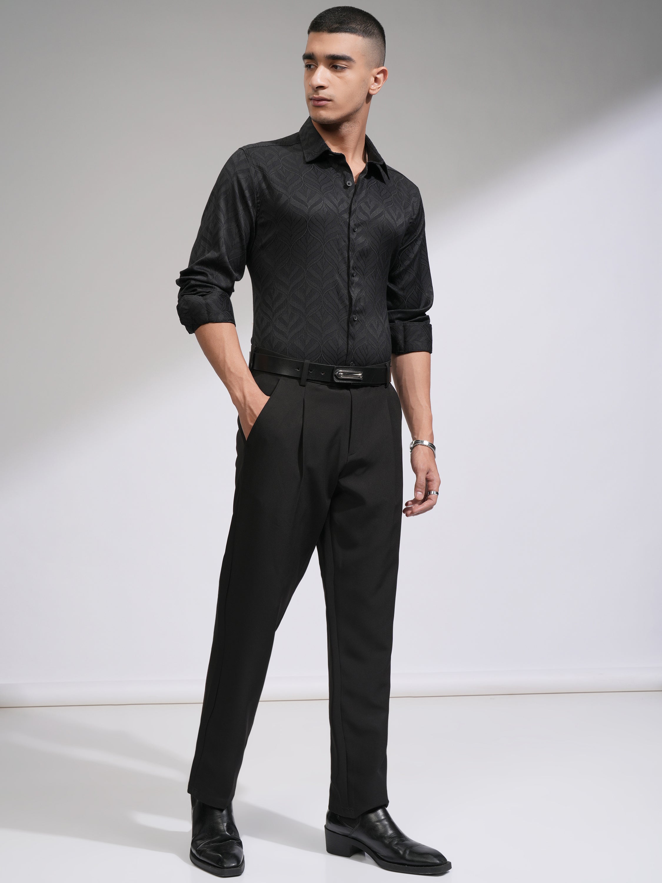 Highlander Men Black Self Design Slim Fit Casual Shirt - Black - Image 2