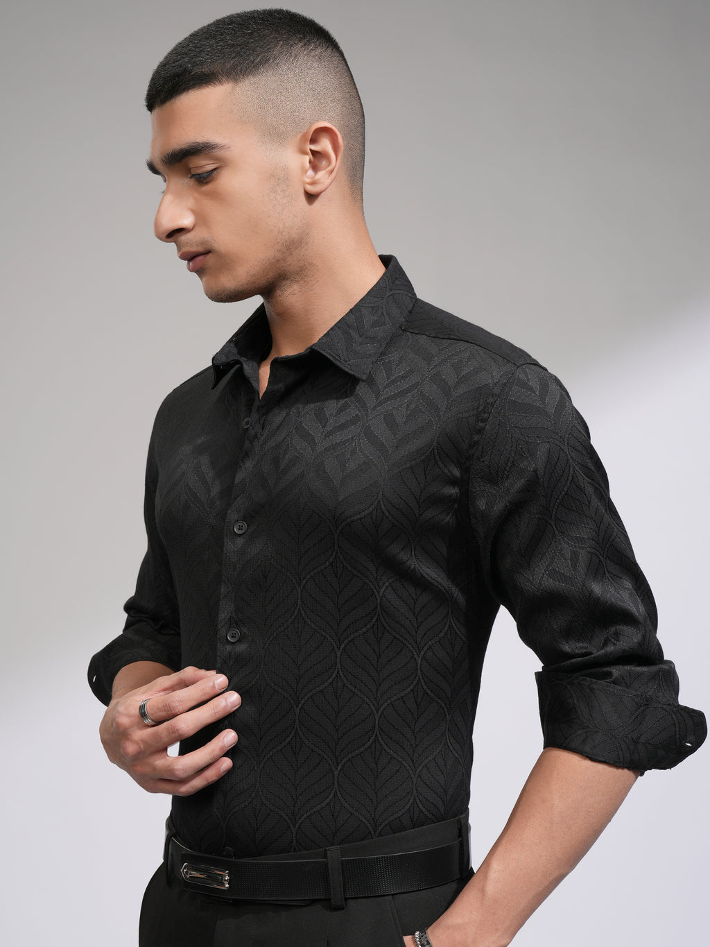 Highlander Men Black Self Design Slim Fit Casual Shirt - Black - Image 4