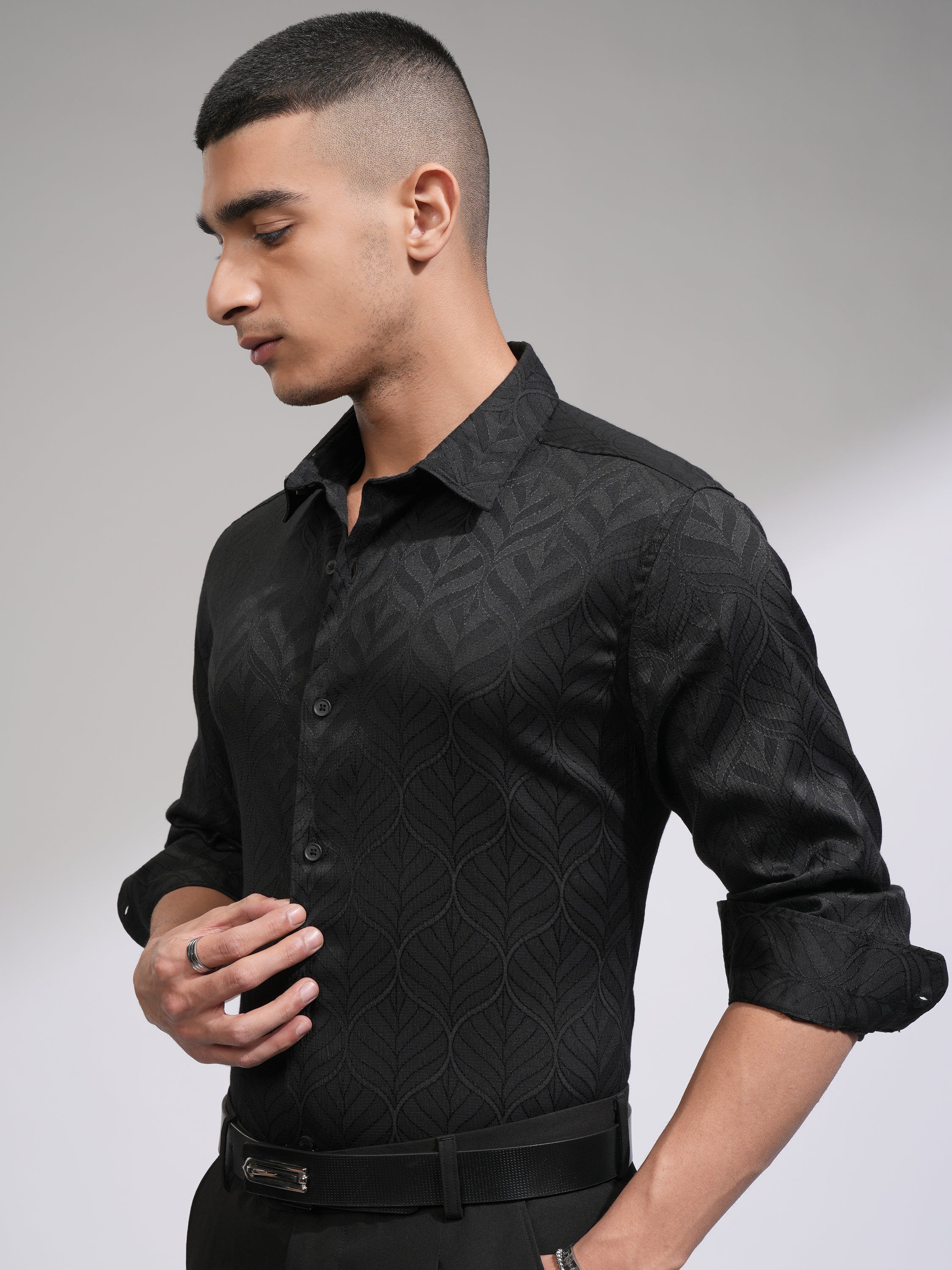 Highlander Men Black Self Design Slim Fit Casual Shirt - Black - Image 4