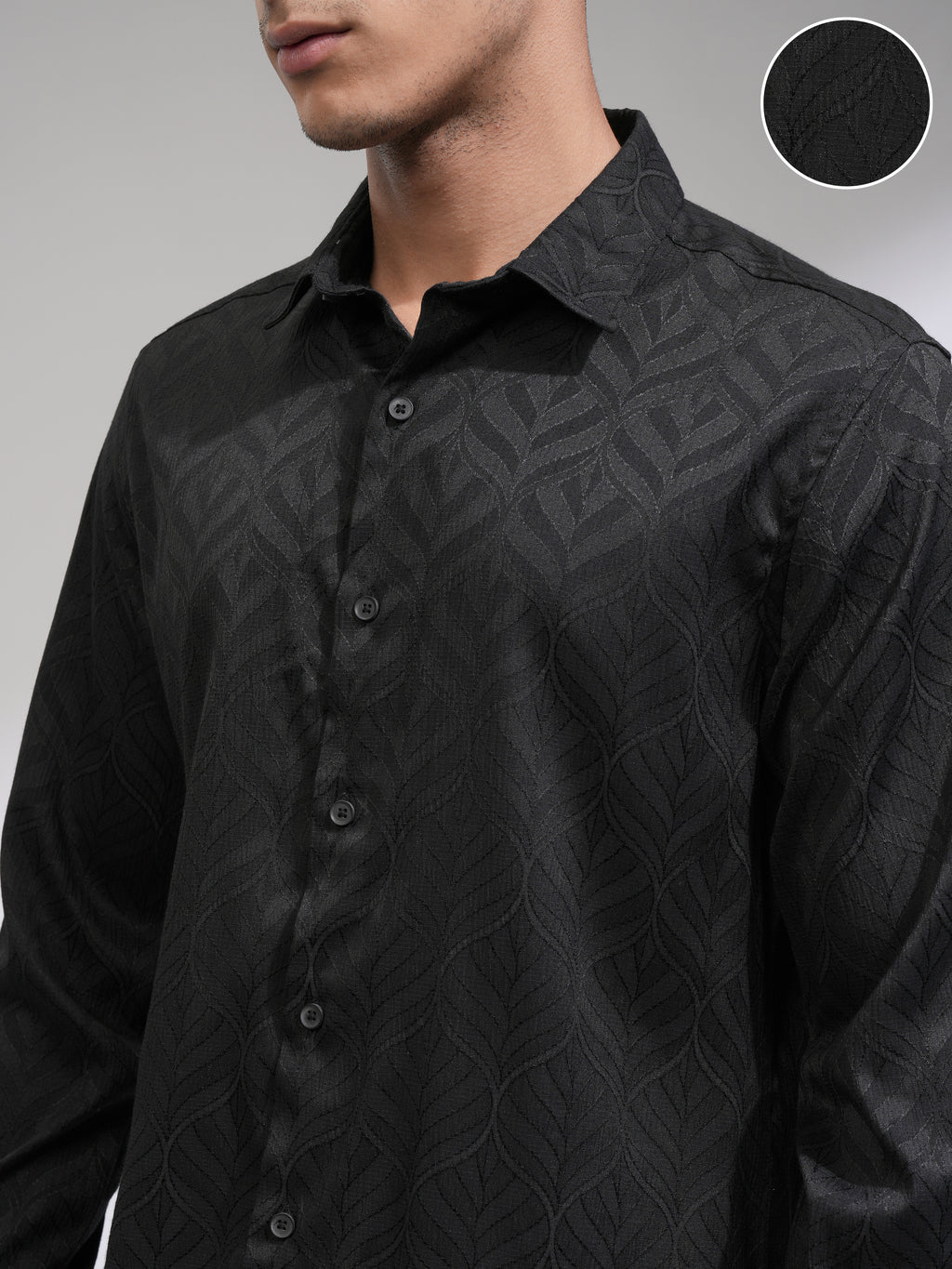 Highlander Men Black Self Design Slim Fit Casual Shirt - Black - Image 5