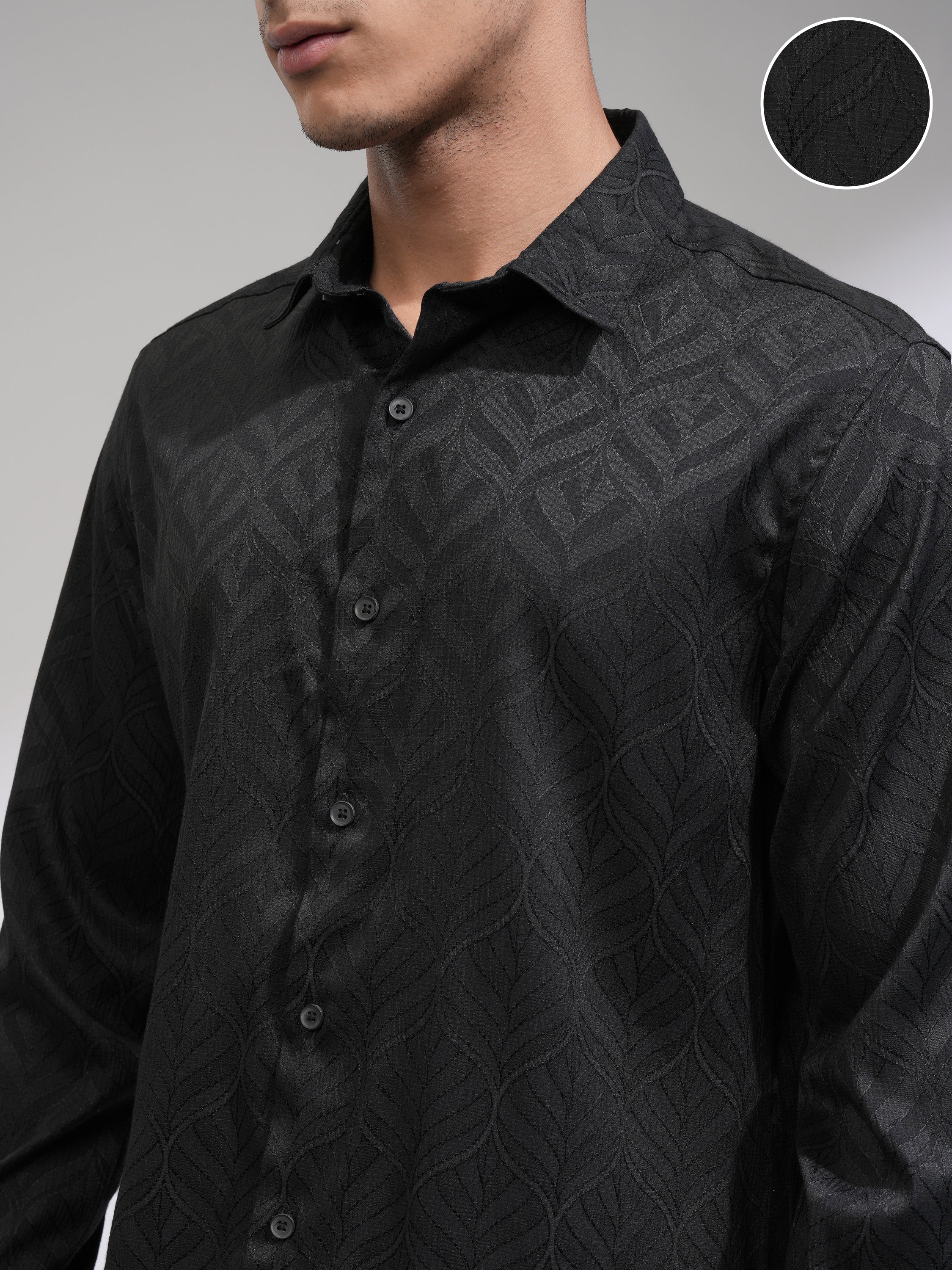 Highlander Men Black Self Design Slim Fit Casual Shirt - Black - Image 5