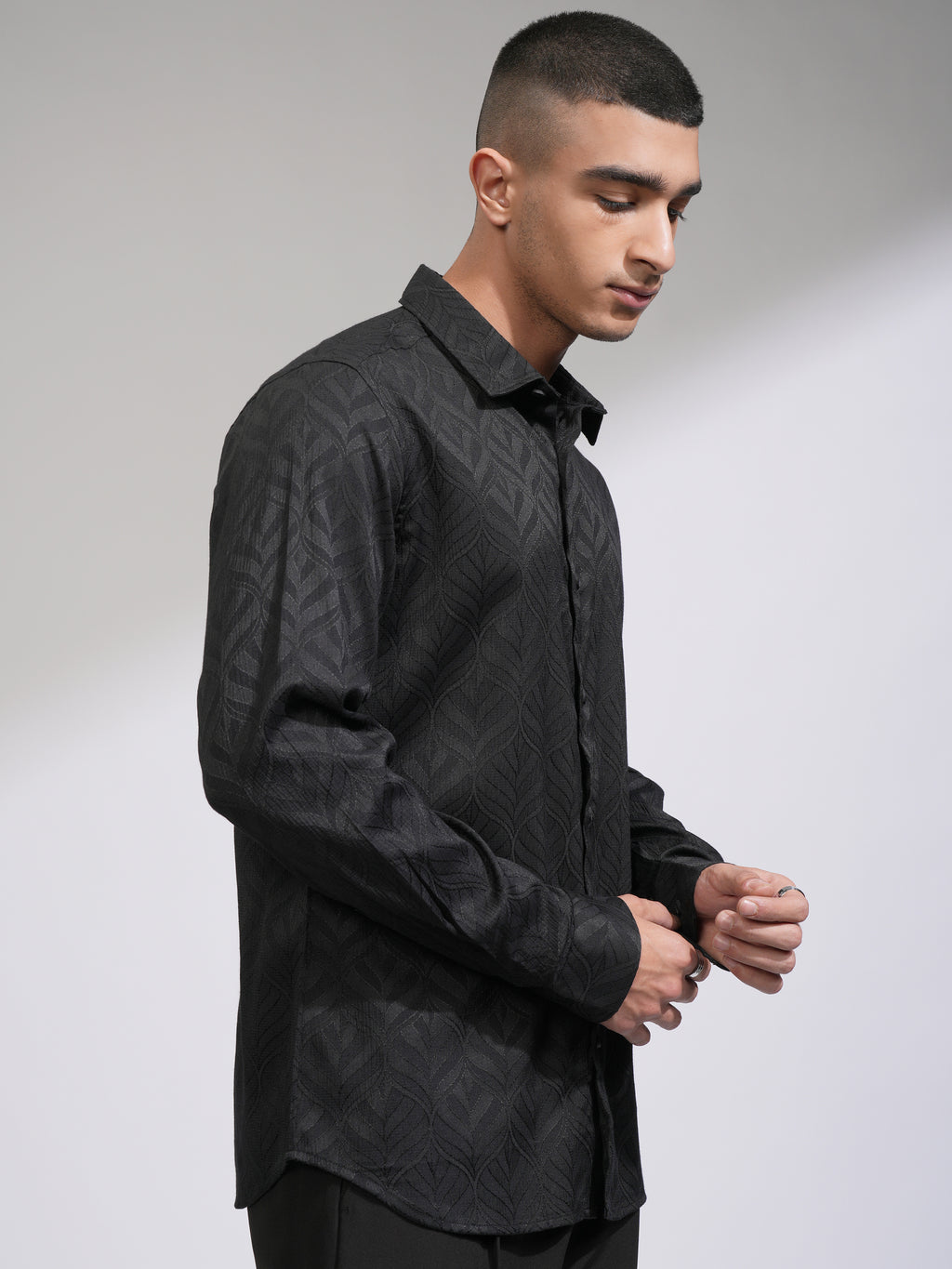Highlander Men Black Self Design Slim Fit Casual Shirt - Black - Image 6
