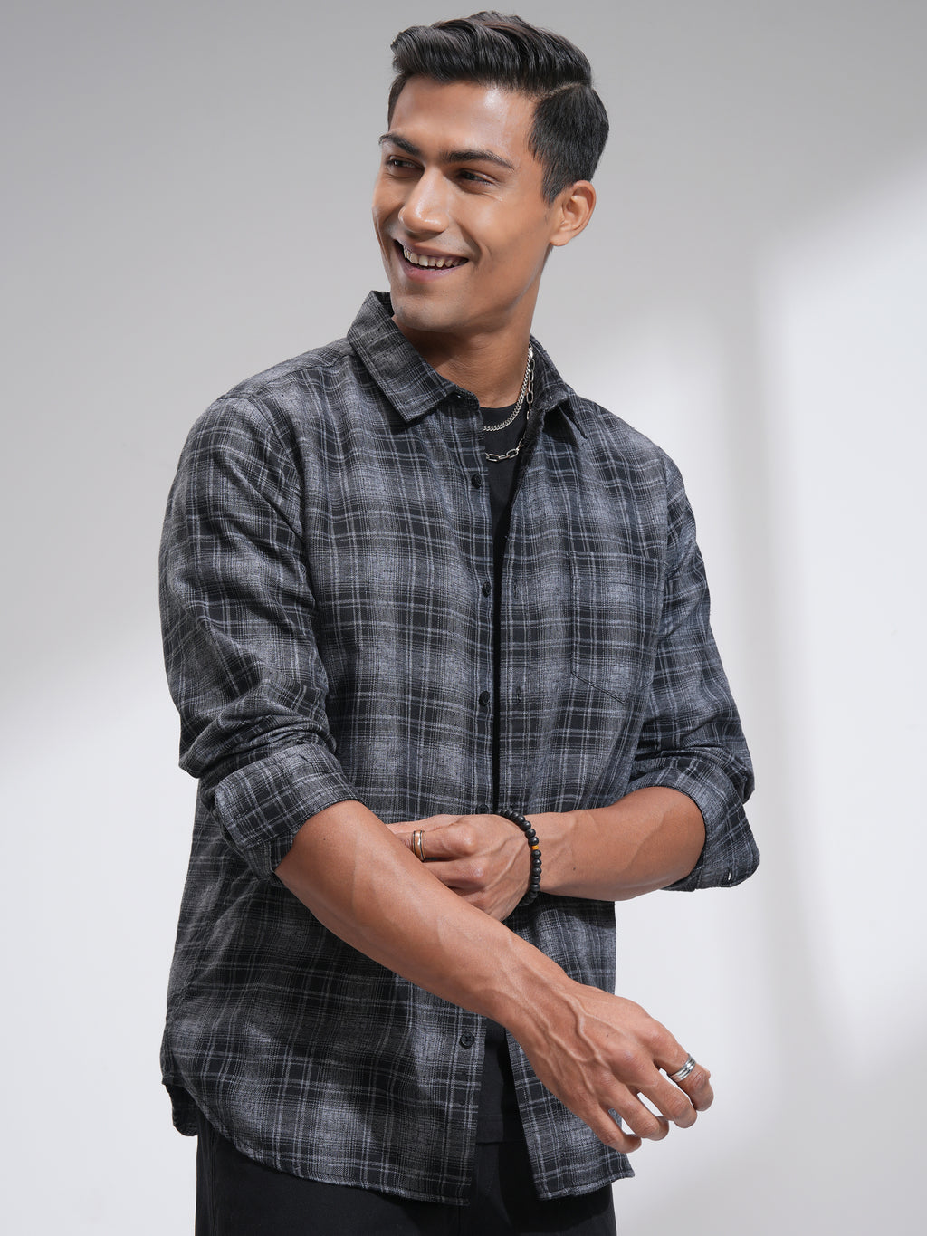 Highlander Men Grey Checked Slim Fit Casual Shirt - Grey - Image 6