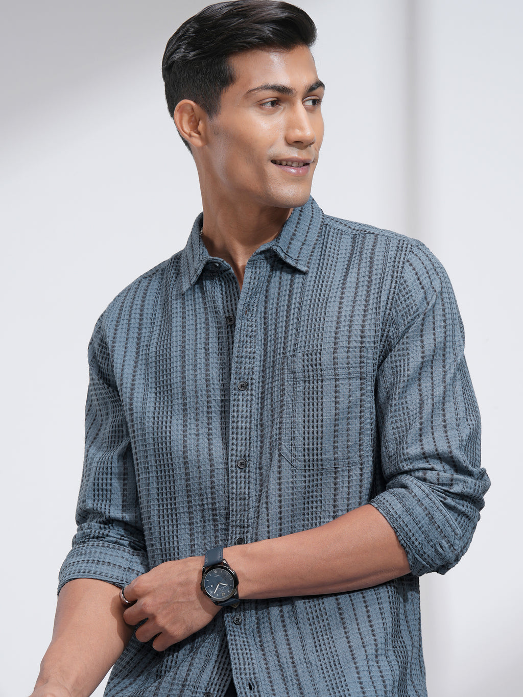 Highlander Men Blue Striped Slim Fit Casual Shirt - Blue - Image 1