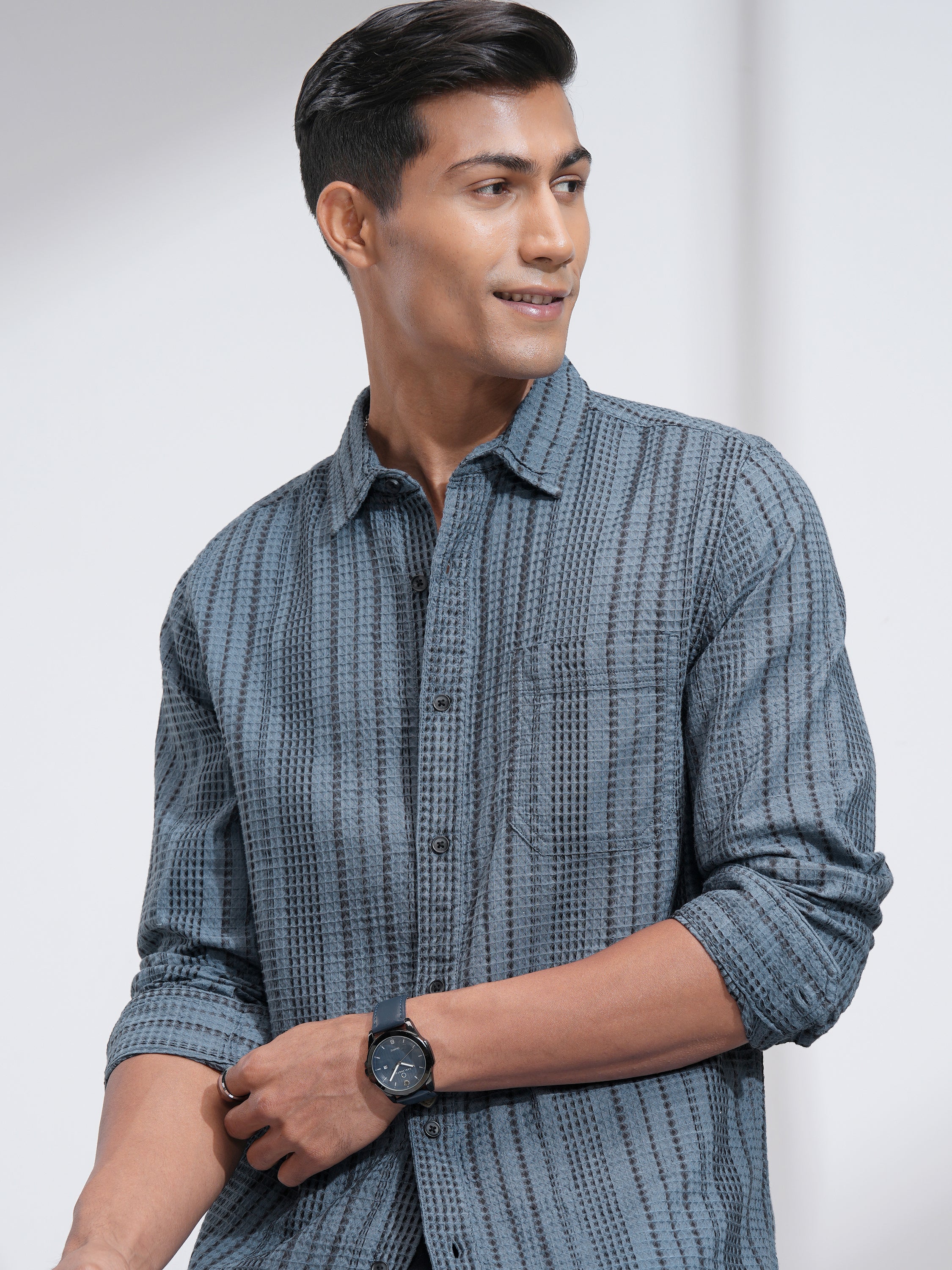 Highlander Men Blue Striped Slim Fit Casual Shirt - Blue - Image 1