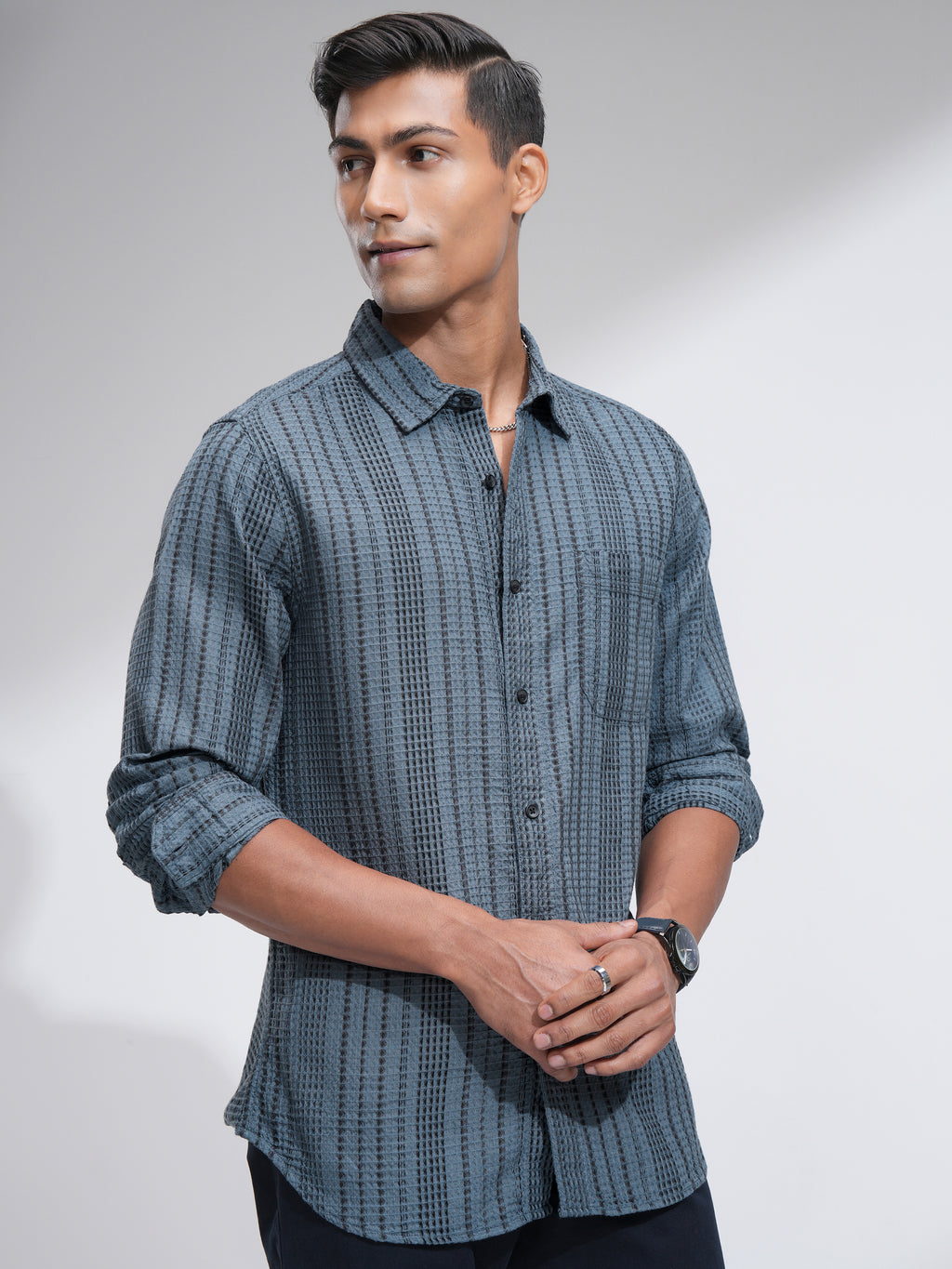 Highlander Men Blue Striped Slim Fit Casual Shirt - Blue - Image 6