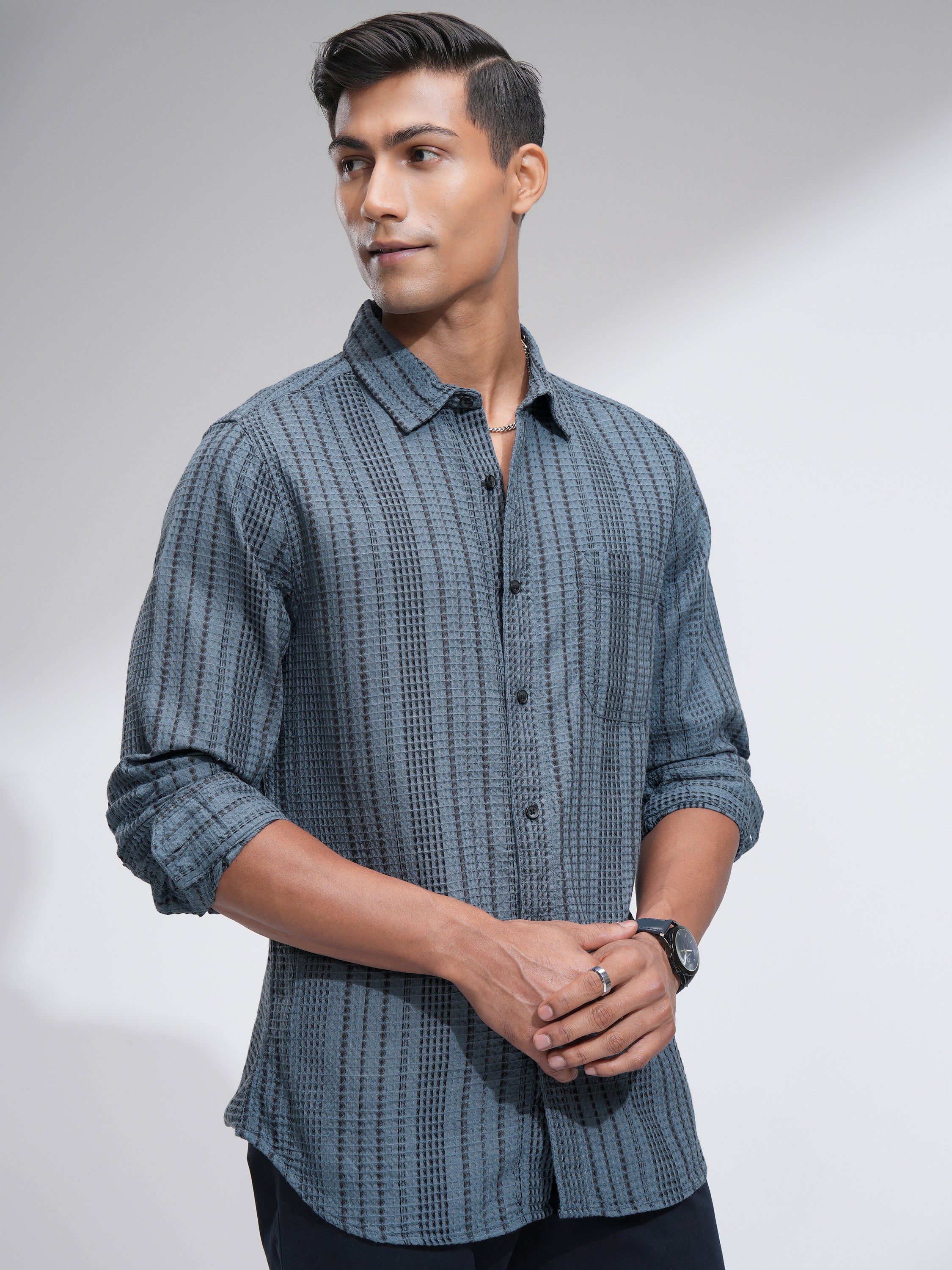 Highlander Men Blue Striped Slim Fit Casual Shirt - Blue - Image 6