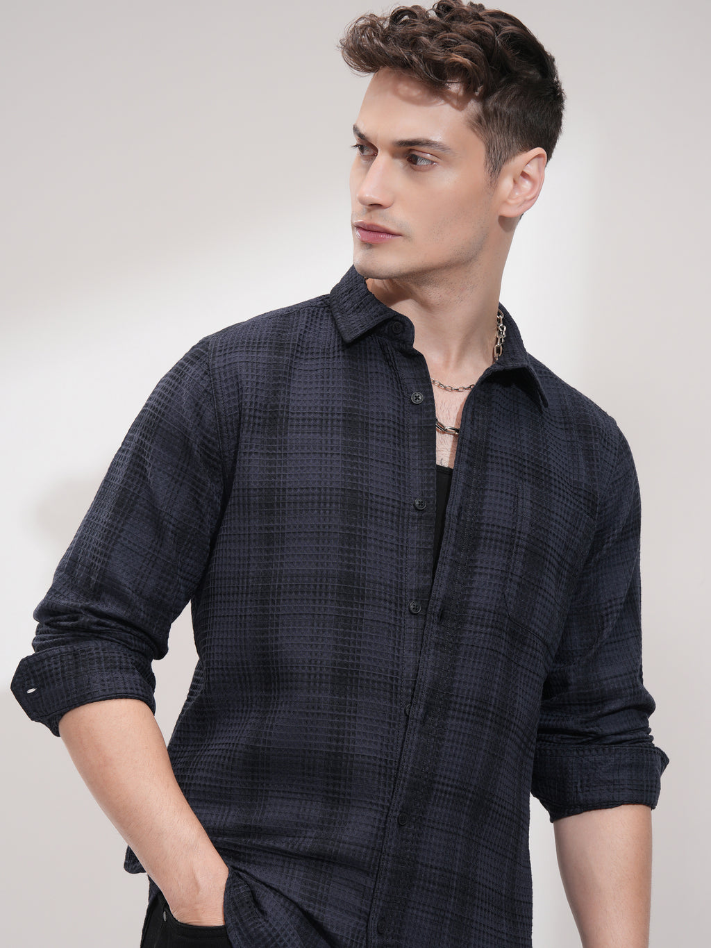 Highlander Men Navy Blue Checked Slim Fit Casual Shirt - Navy Blue - Image 1