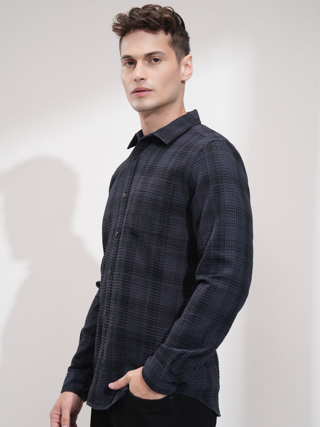 Highlander Men Navy Blue Checked Slim Fit Casual Shirt - Navy Blue - Image 4
