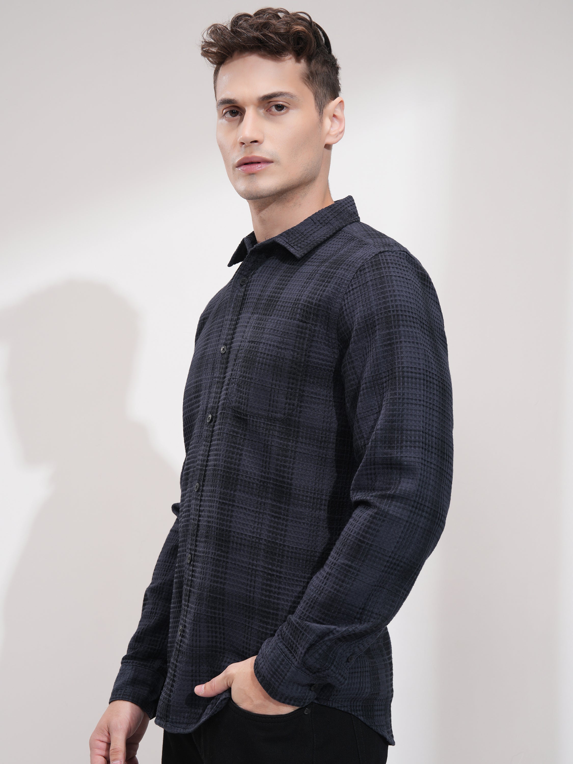 Highlander Men Navy Blue Checked Slim Fit Casual Shirt - Navy Blue - Image 4