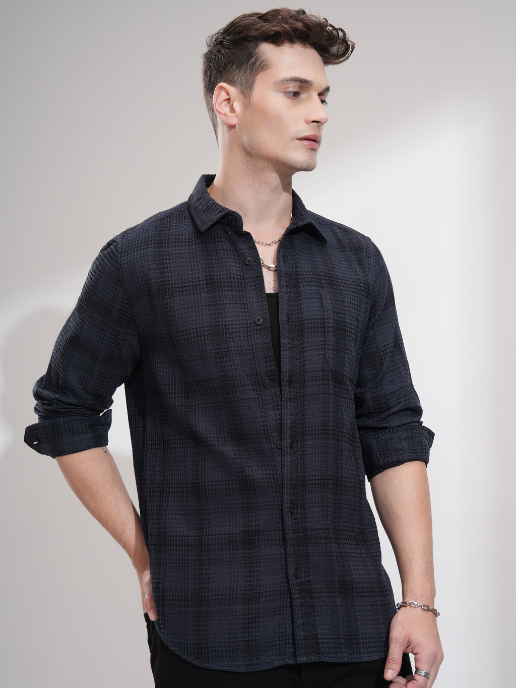 Highlander Men Navy Blue Checked Slim Fit Casual Shirt - Navy Blue - Image 6