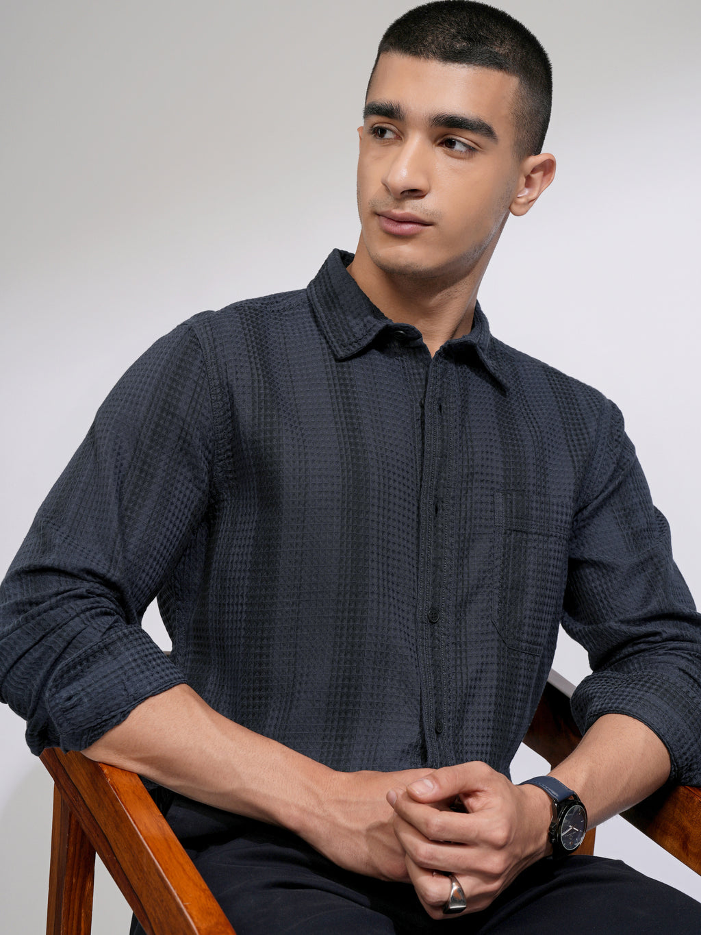 Highlander Men Navy Blue Striped Slim Fit Casual Shirt - Navy Blue - Image 1