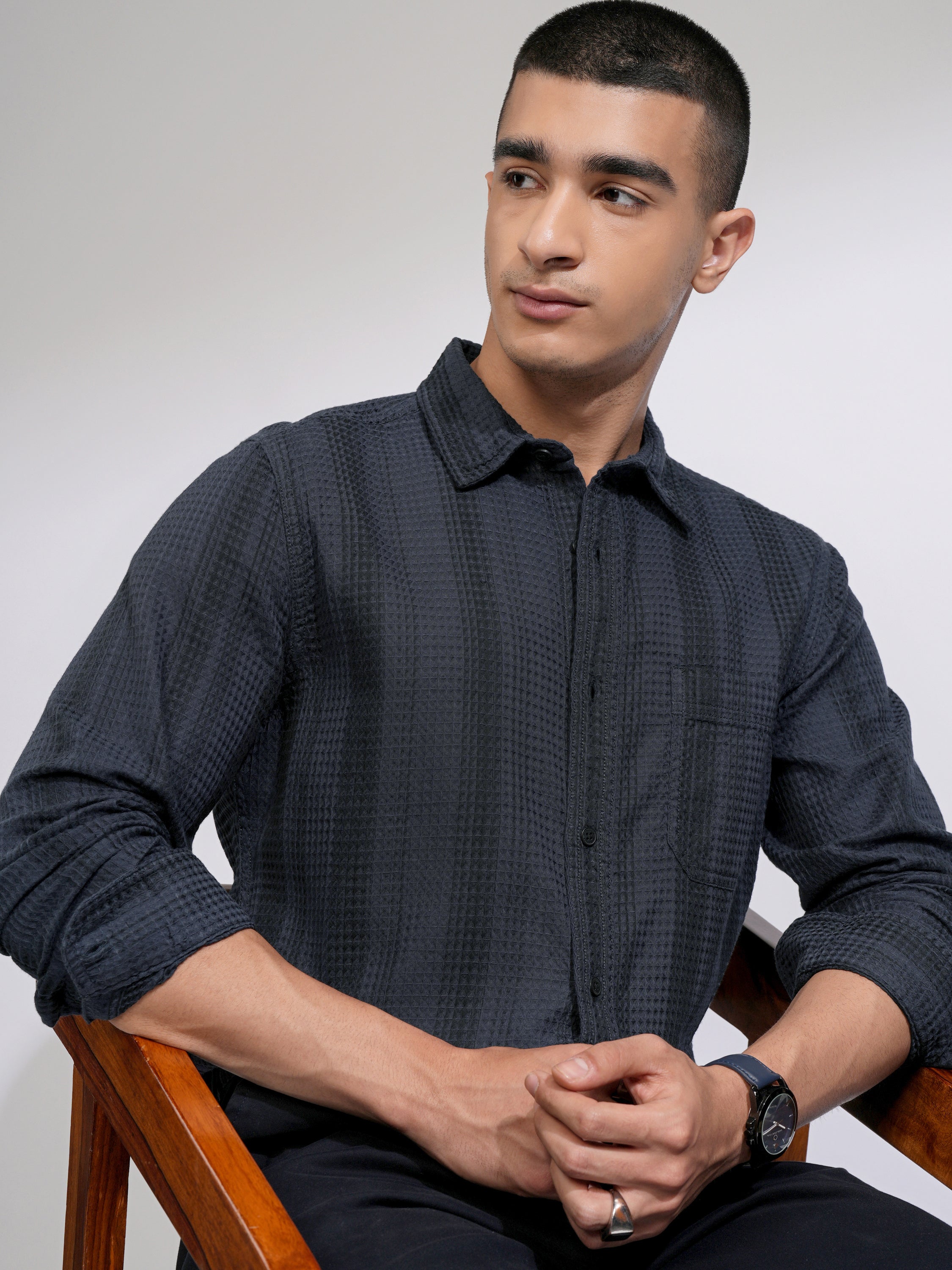 Highlander Men Navy Blue Striped Slim Fit Casual Shirt - Navy Blue - Image 1