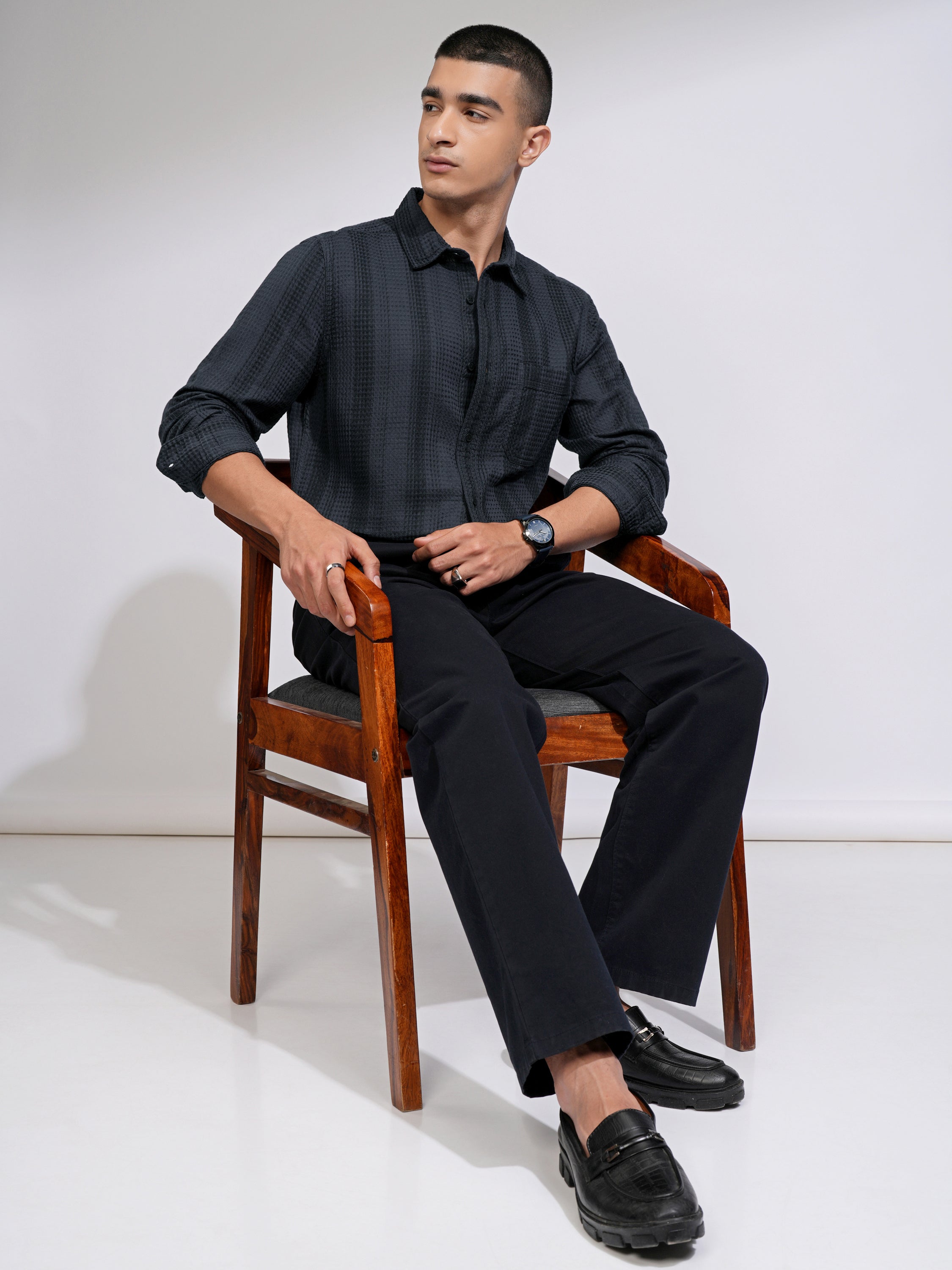 Highlander Men Navy Blue Striped Slim Fit Casual Shirt - Navy Blue - Image 2