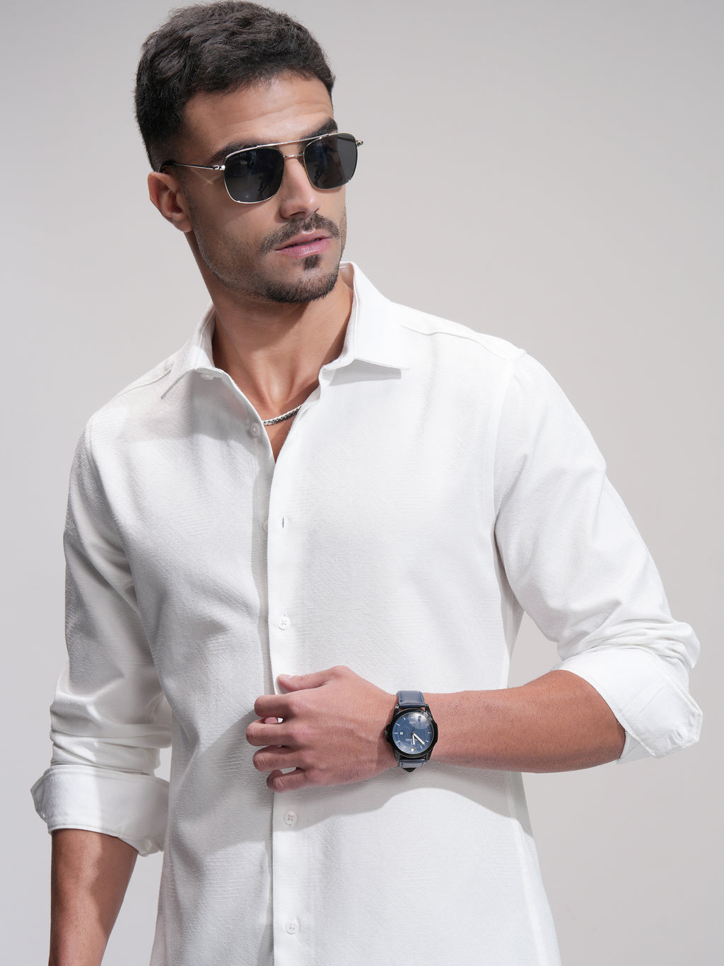 Highlander Men White Self Design Slim Fit Casual Shirt - White - Image 1