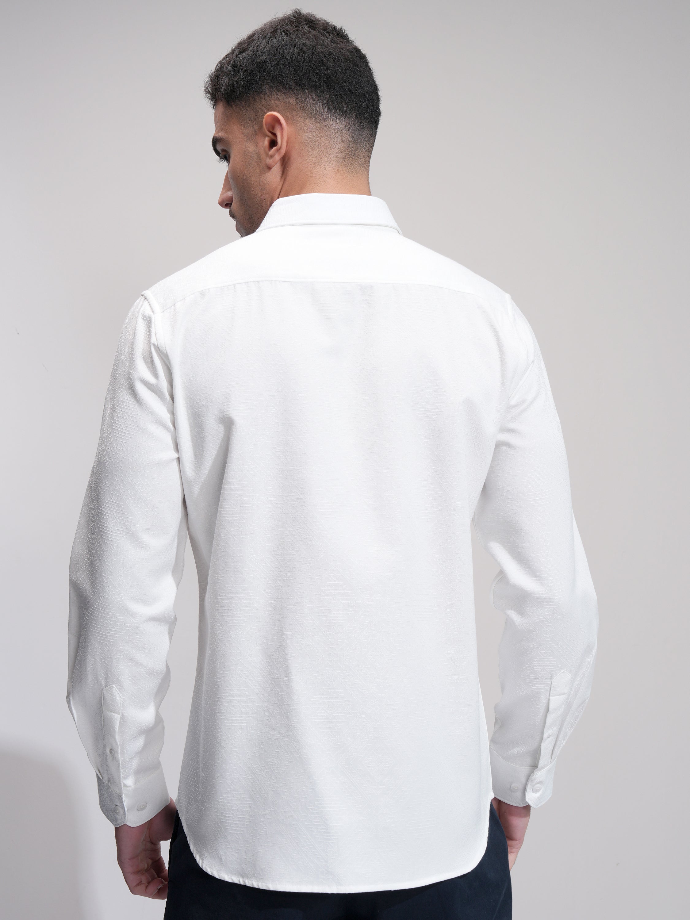 Highlander Men White Self Design Slim Fit Casual Shirt - White - Image 3