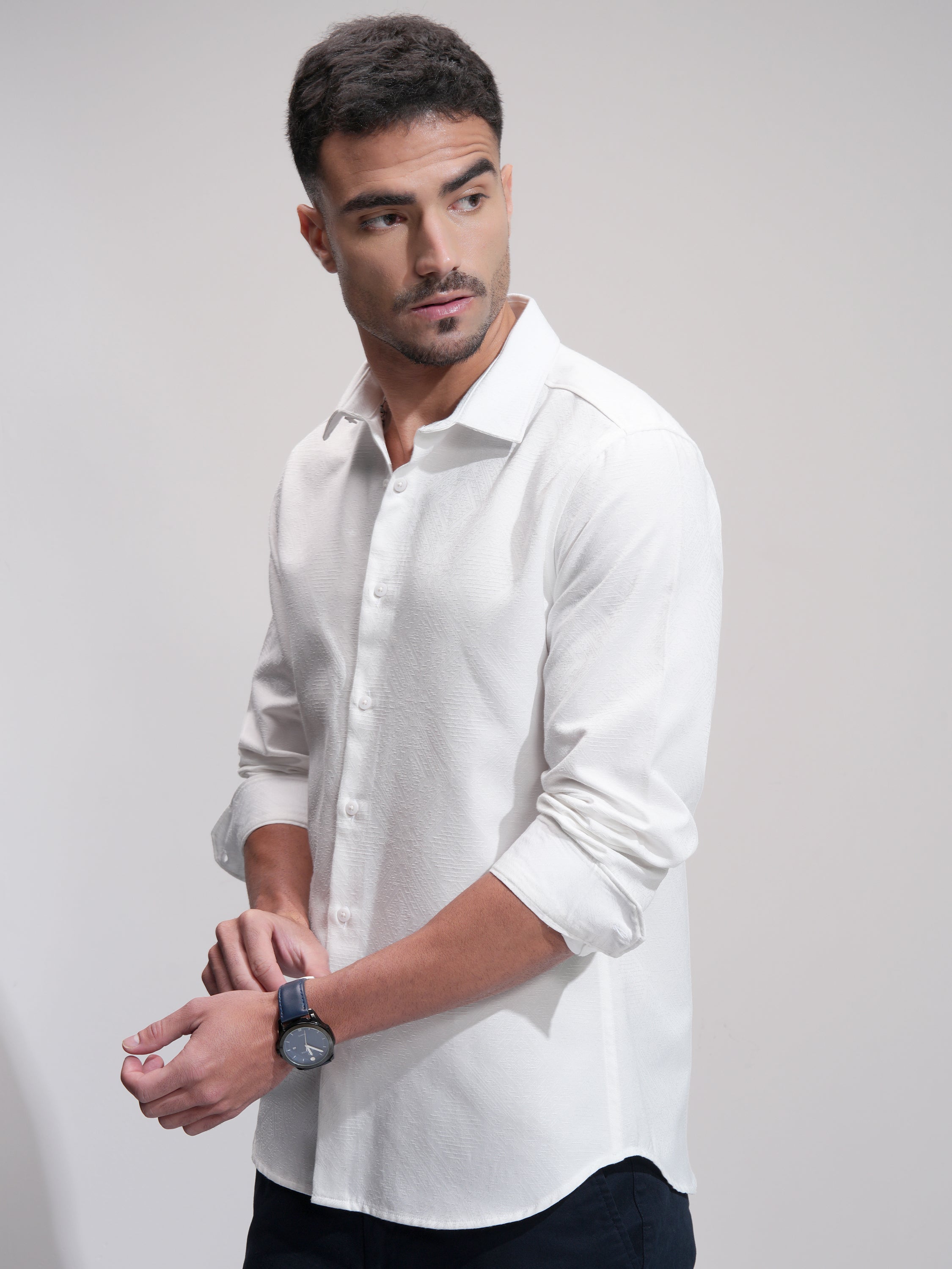 Highlander Men White Self Design Slim Fit Casual Shirt - White - Image 4