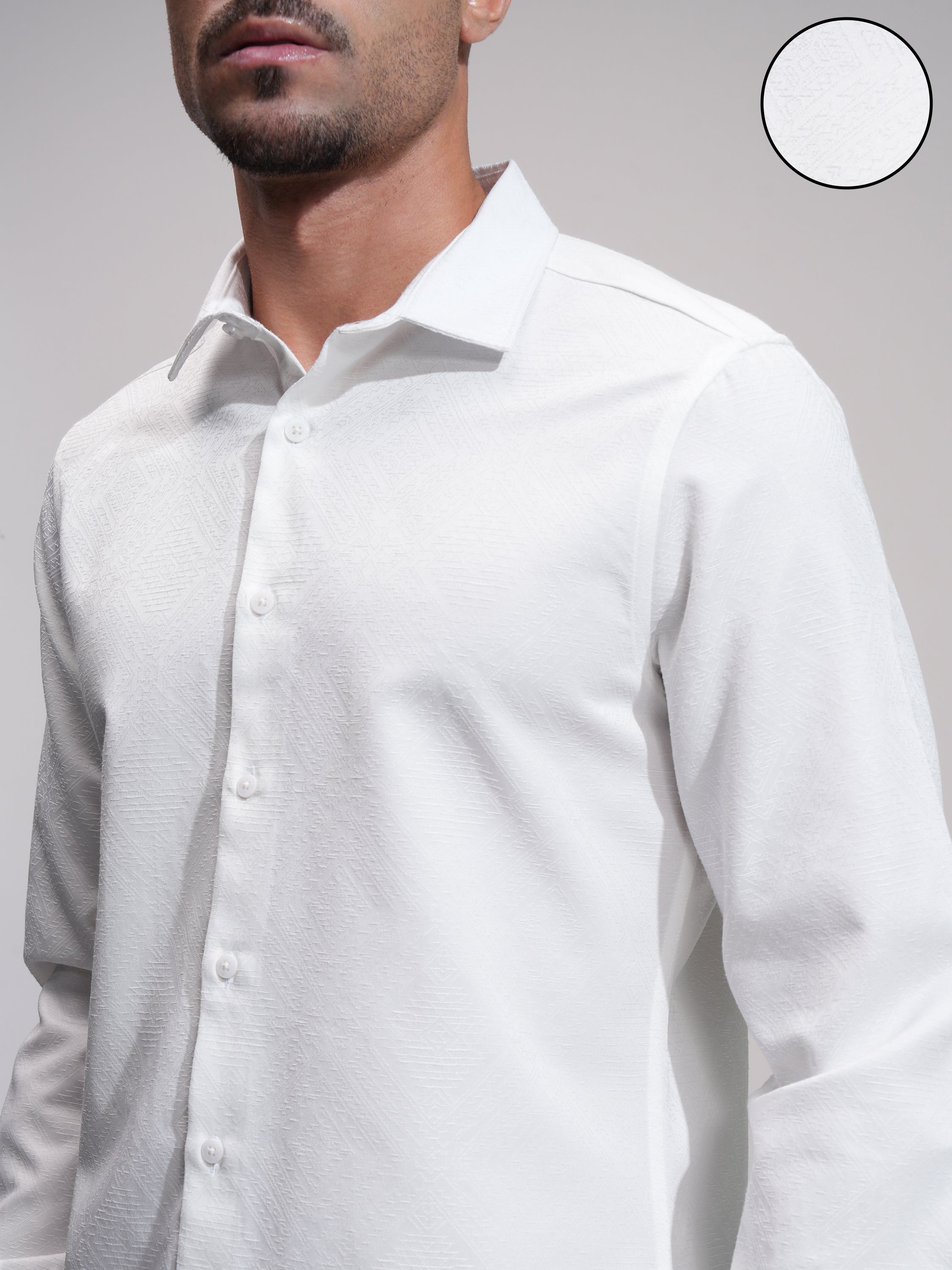 Highlander Men White Self Design Slim Fit Casual Shirt - White - Image 5