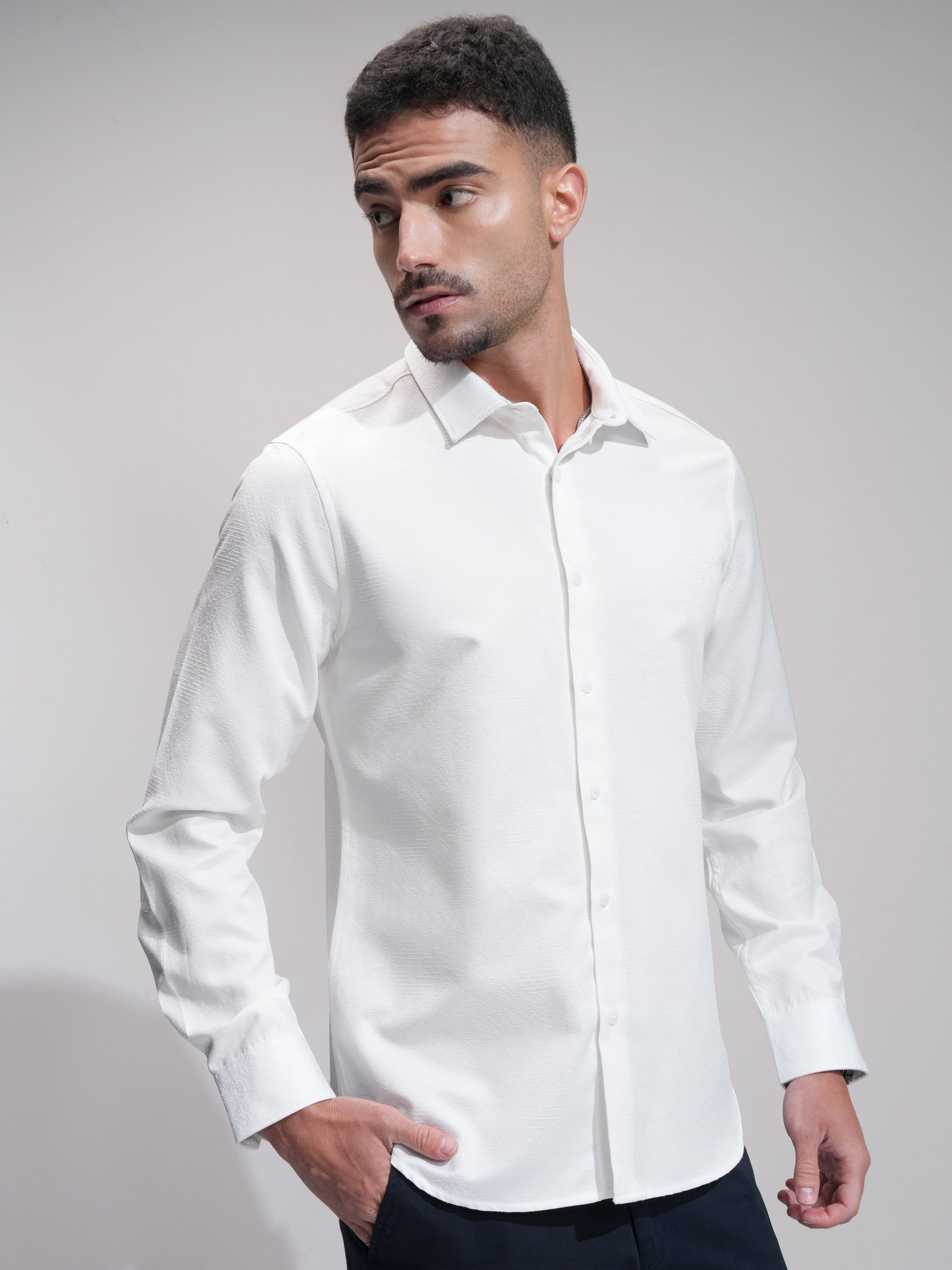 Highlander Men White Self Design Slim Fit Casual Shirt - White - Image 6