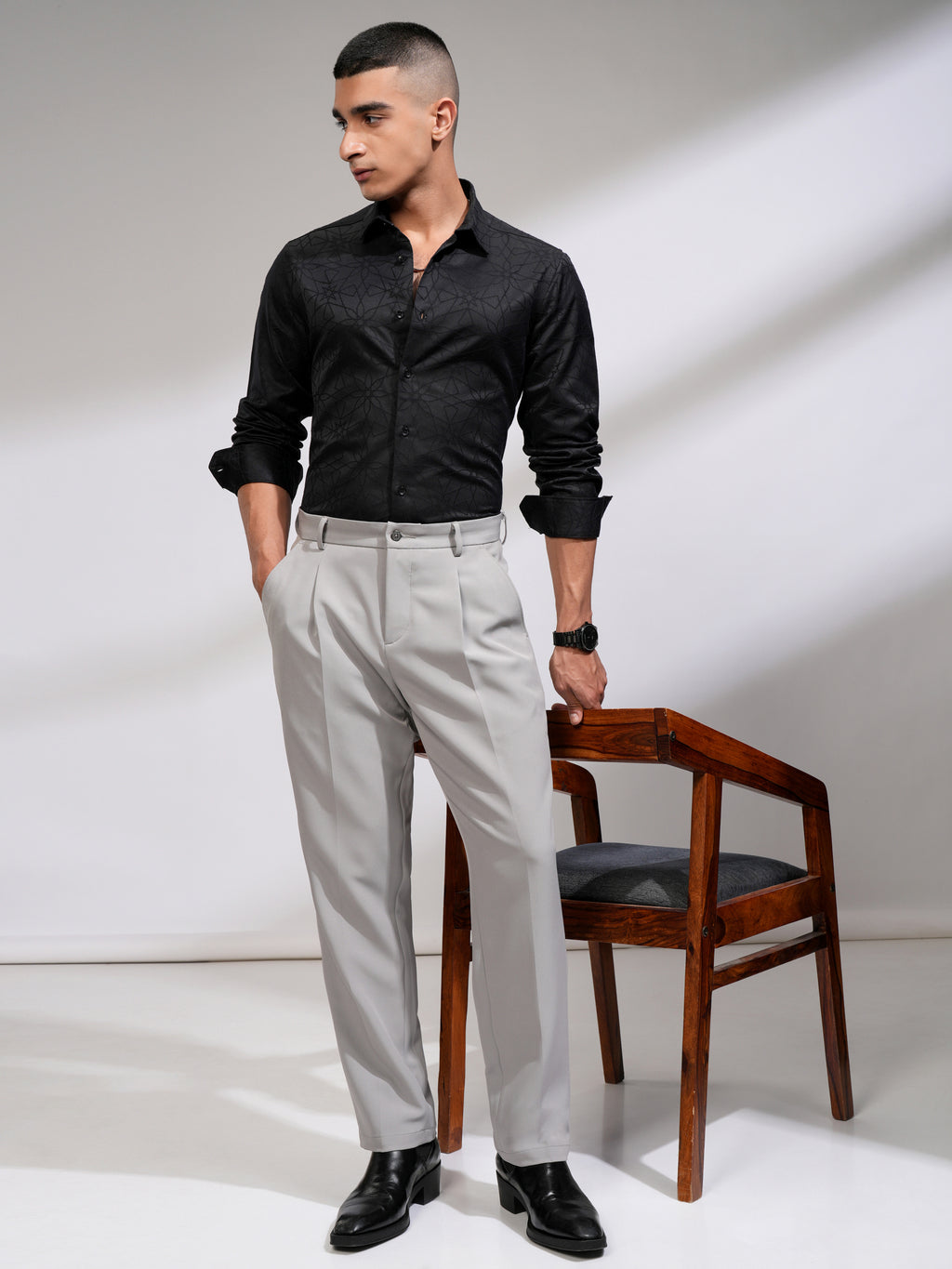 Highlander Men Black Embroidered Slim Fit Casual Shirt - Black - Image 2